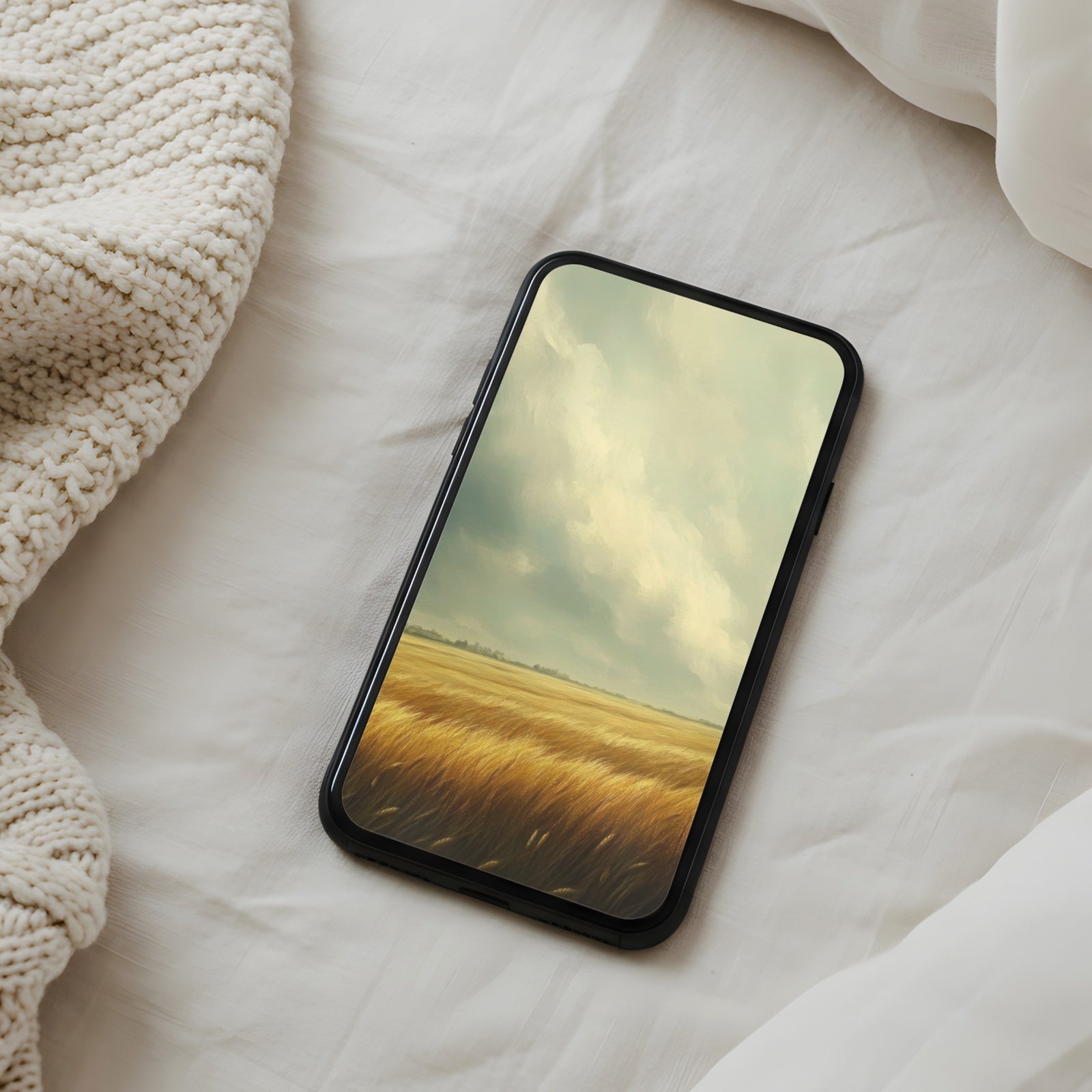 Warm phone wallpaper featuring golden wheat fields under soft cloudy skies, creating a peaceful, nostalgic, and nature-inspired atmosphere