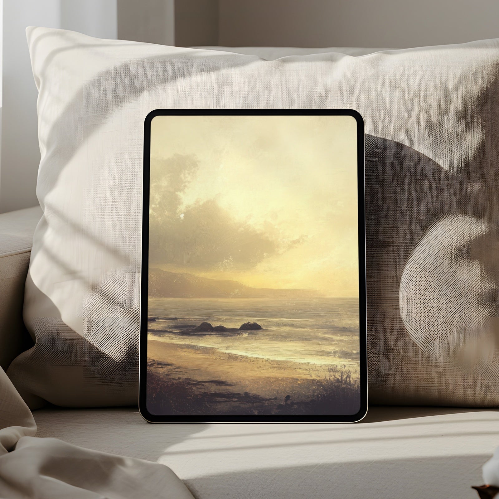 Landscape iPad wallpaper with a golden coastal sunset, soft light reflecting on calm waves, creating a serene and atmospheric tablet background perfect for modern digital spaces