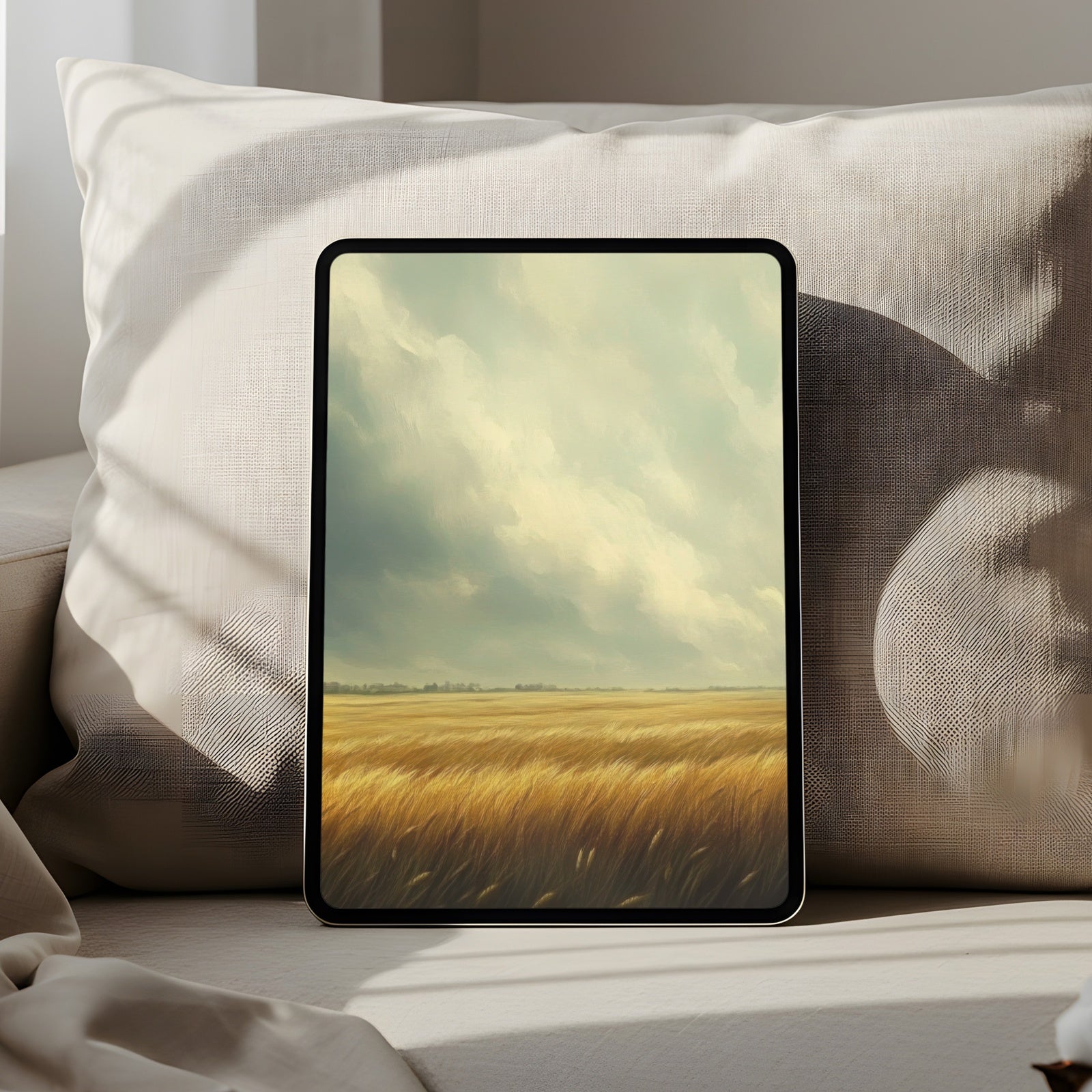 Elegant iPad wallpaper featuring a golden wheat field under soft clouds, bringing warmth, serenity, and natural beauty to your digital space