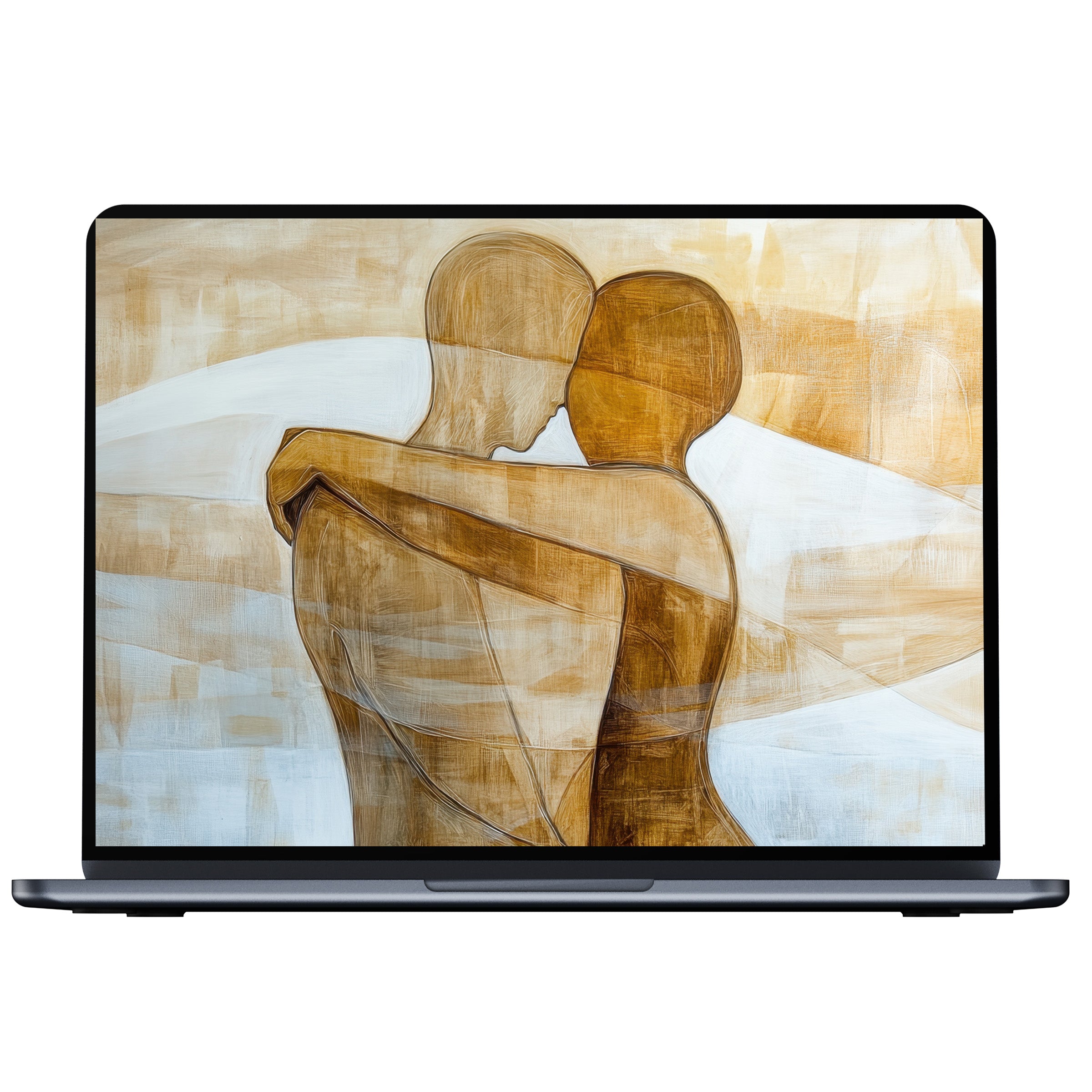 Minimalist desktop wallpaper featuring abstract embrace in warm earth tones offers digital download for PC or laptop inspiring calm elegance