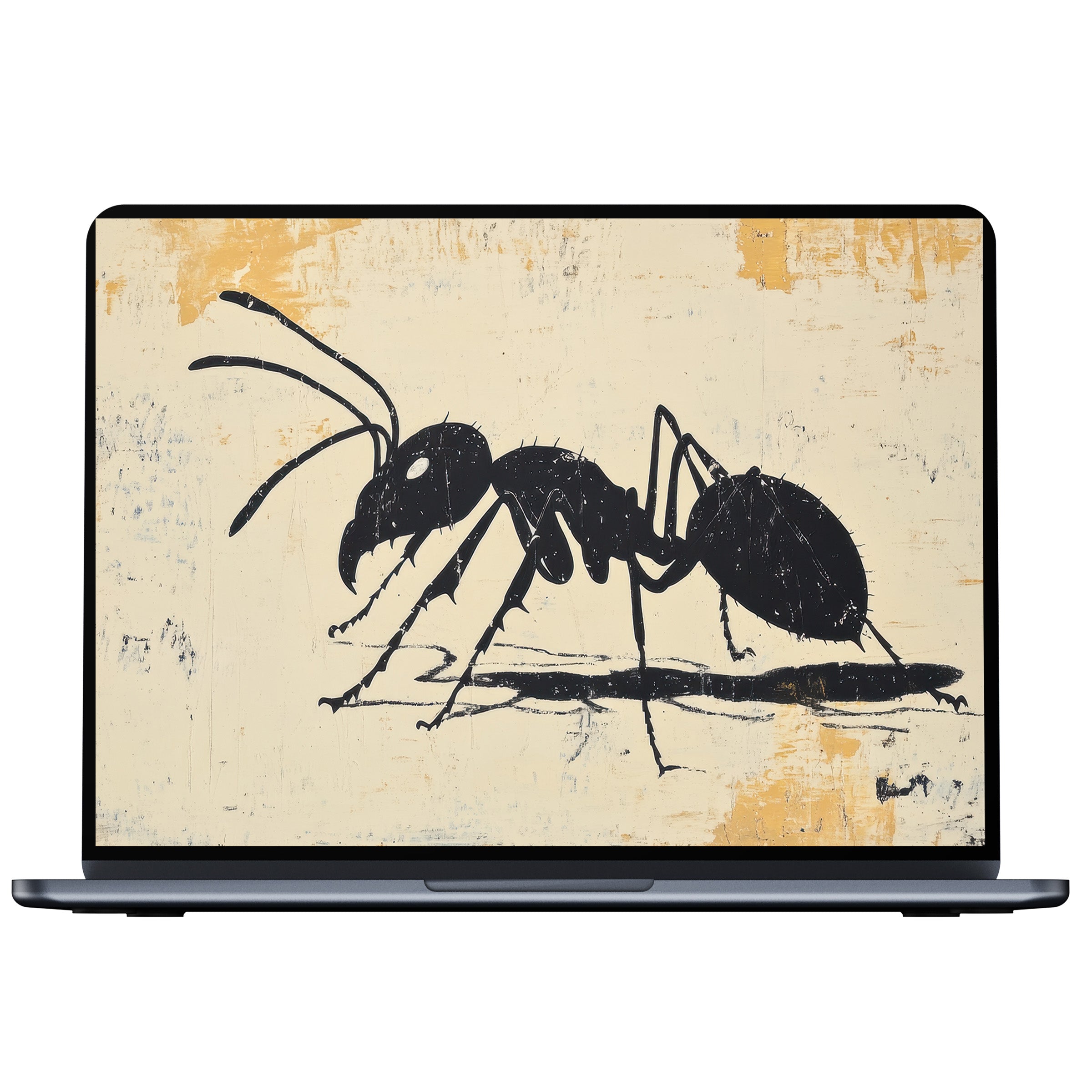 Minimalist desktop wallpaper featuring a black ink ant on a textured beige background for PC, laptop digital download art lovers