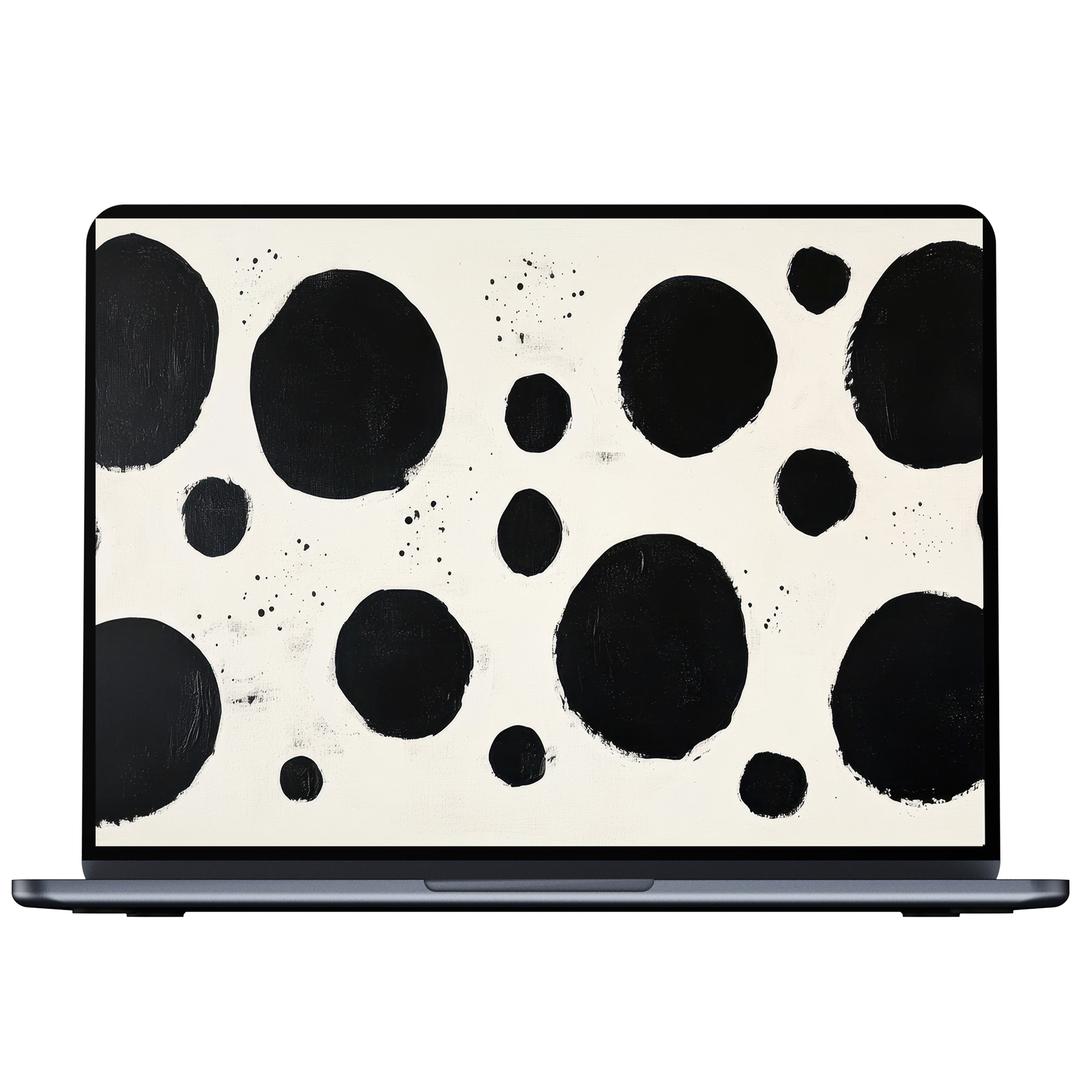 Minimalist desktop wallpaper featuring black abstract circles on white offers digital download for elegant PC and laptop screens
