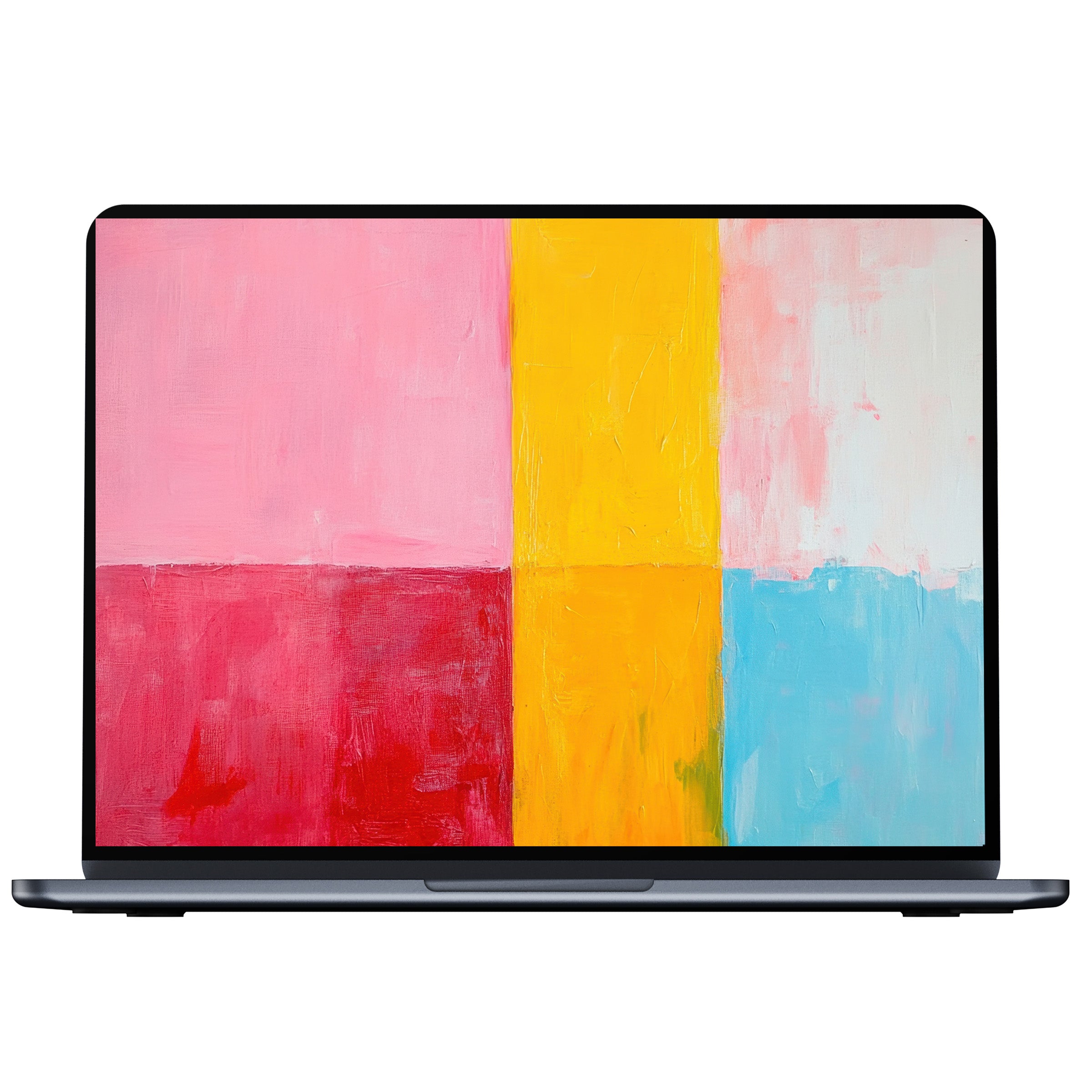 Minimalist desktop wallpaper featuring vibrant pink, yellow, and blue abstract blocks, available as a digital download for PC and laptop users