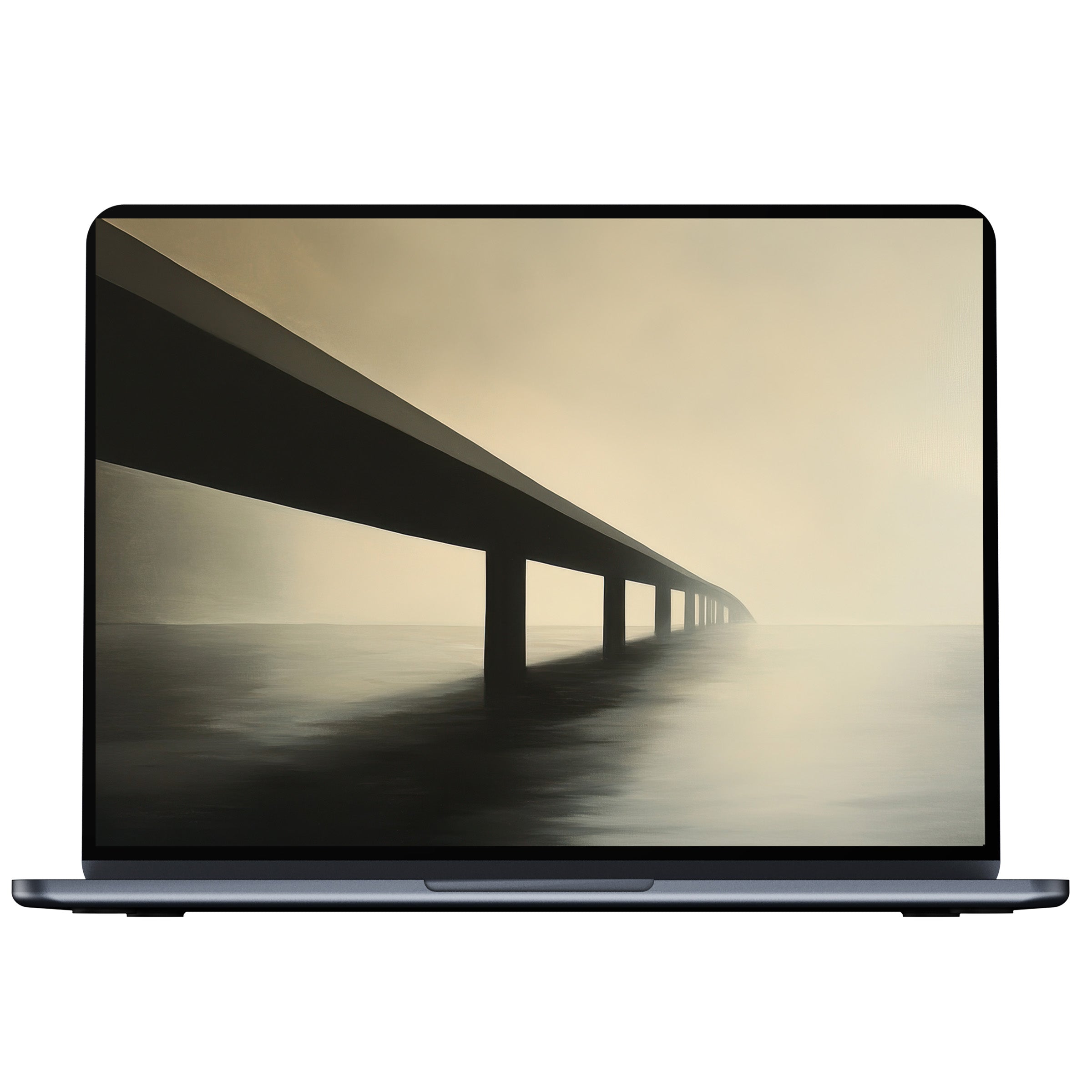 Minimalist desktop wallpaper featuring a serene, misty bridge scene for digital download fits PC, laptop, and Mac enhancing calm