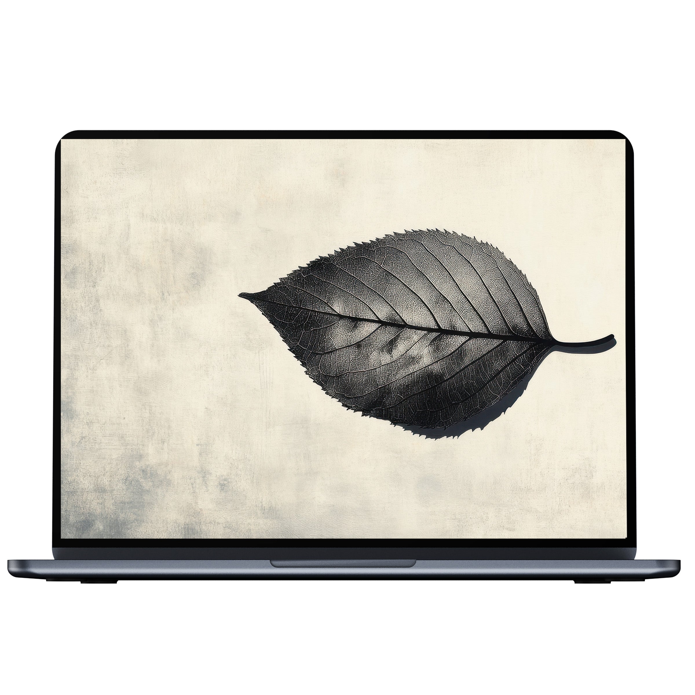 Minimalist desktop wallpaper with a textured grayscale leaf art on a soft beige background offers serene inspiration for PC and laptop users