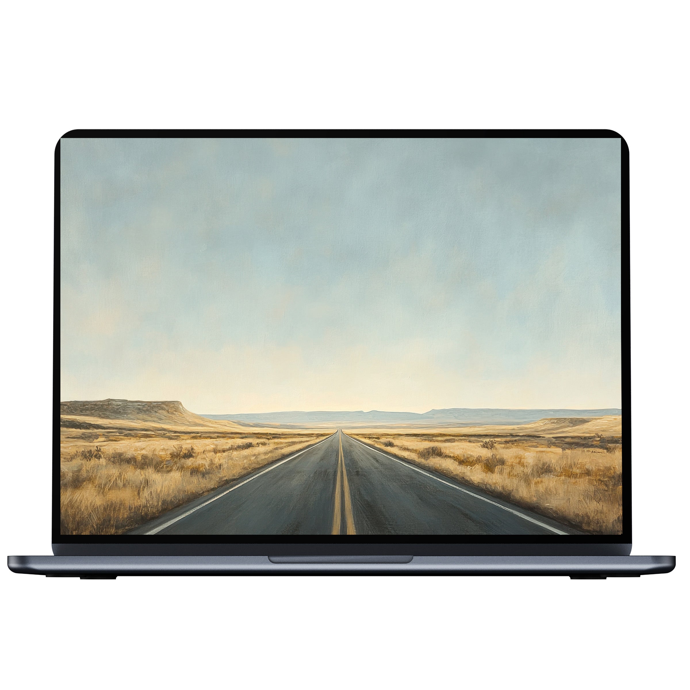 Minimalist desktop wallpaper featuring a serene open road under a soft blue sky, perfect digital download for PC, laptop, or Mac