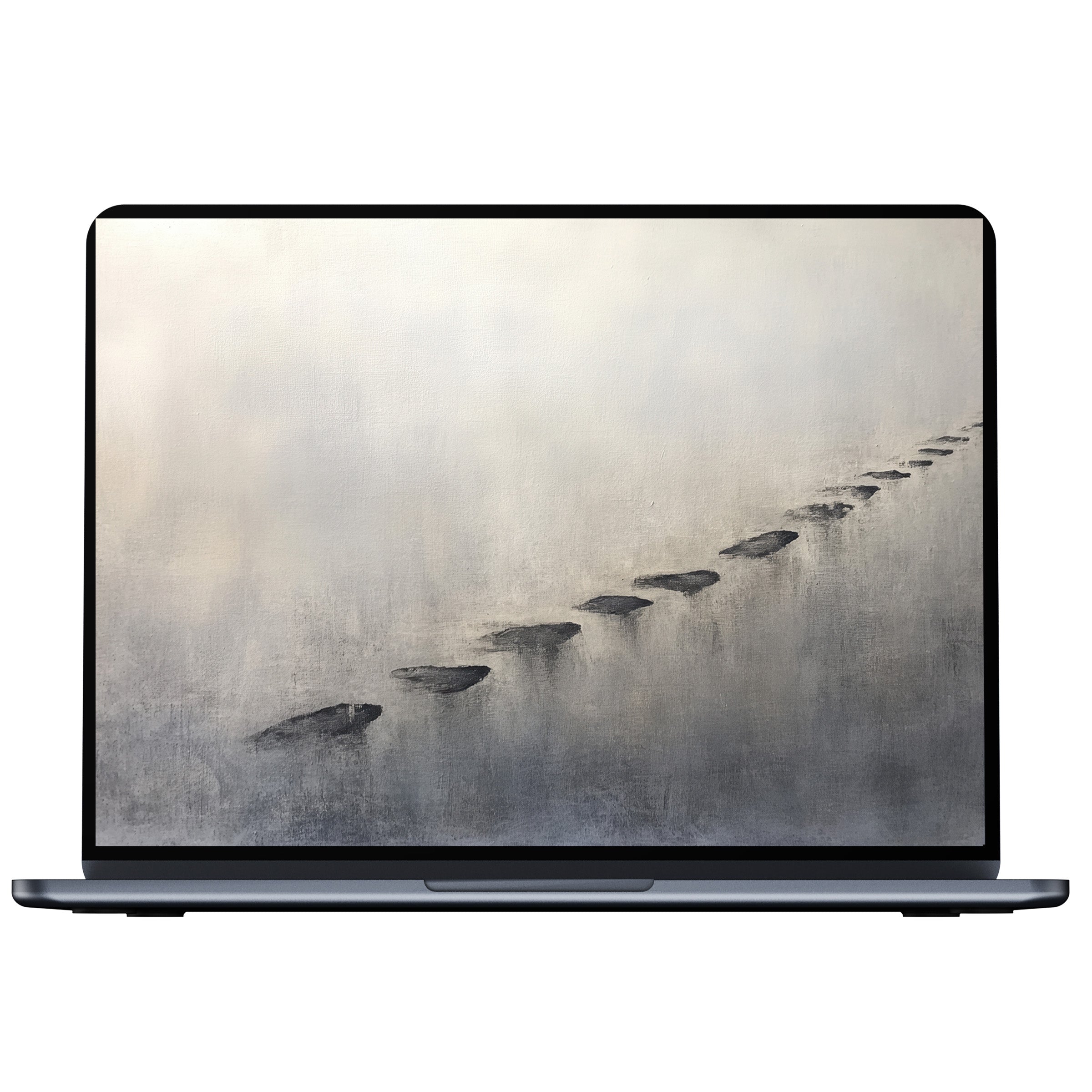 Minimalist desktop wallpaper with serene gray tones and stepping stones evokes calm and elegance, perfect digital download for PC or laptop
