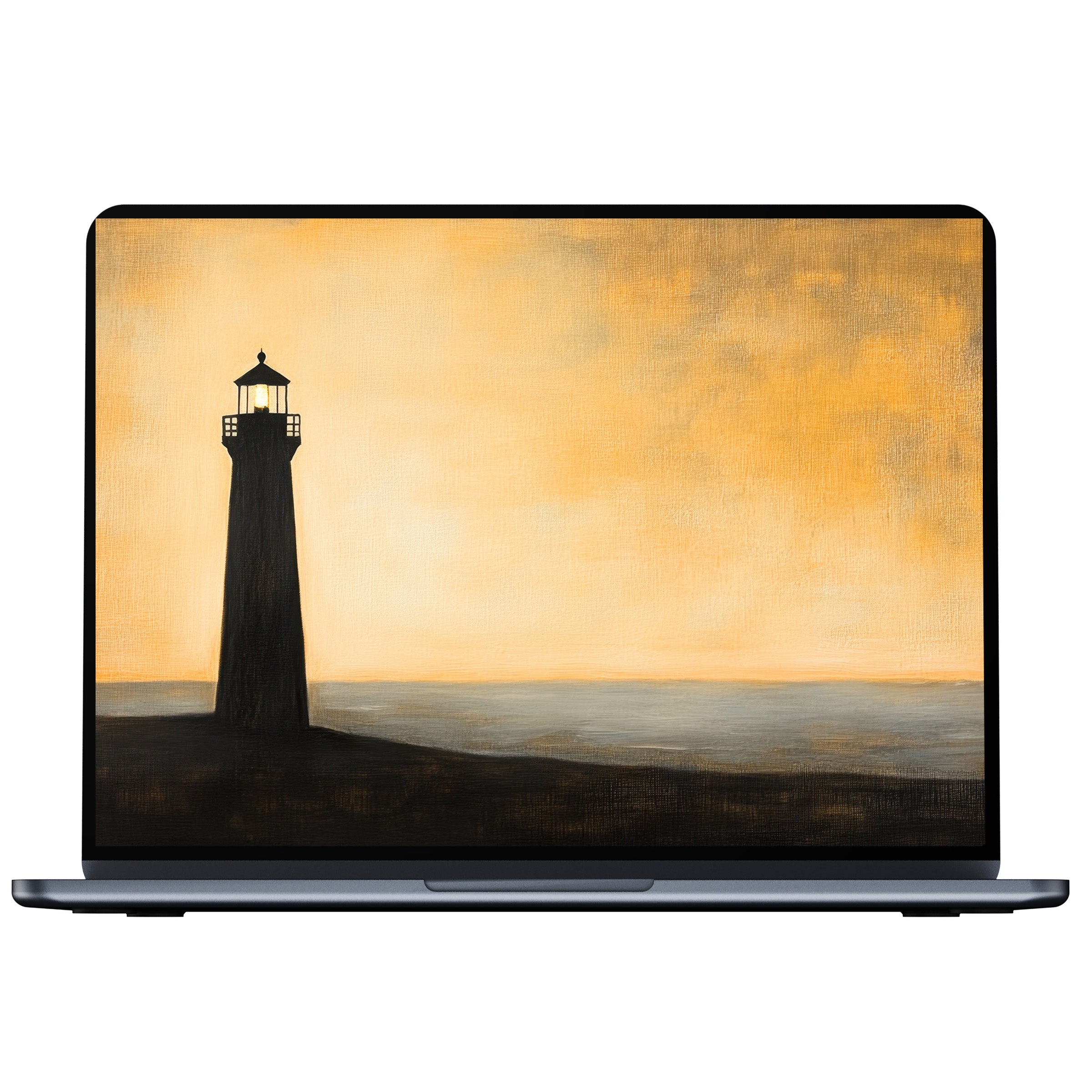 Minimalist desktop wallpaper with serene lighthouse at dawn in warm tones digital download for PC, laptop, enhancing calm inspiration