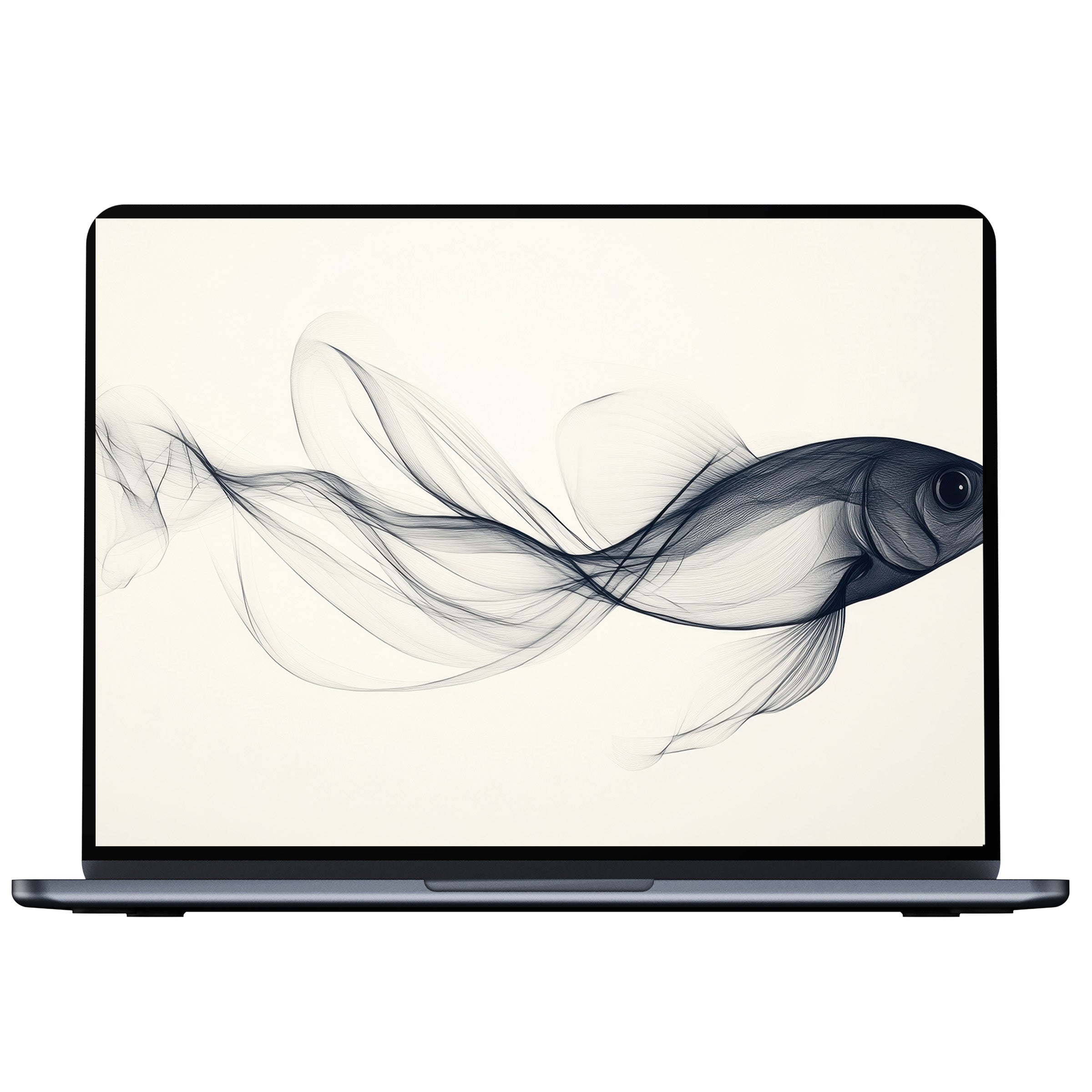 Minimalist desktop wallpaper digital download featuring a delicate black fish sketch on white, perfect for PC, laptop, or Mac screens