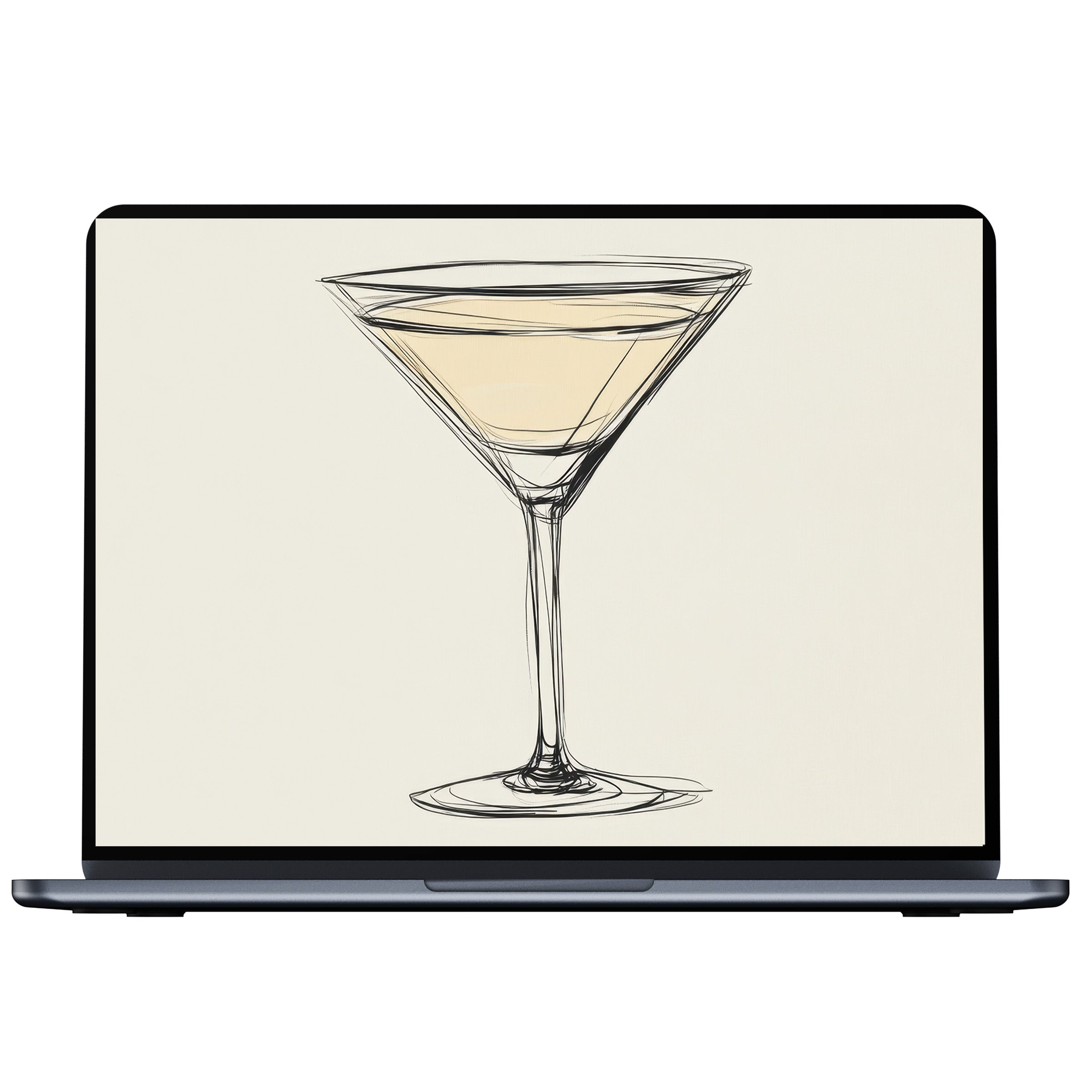 Minimalist desktop wallpaper featuring a sketch of a martini glass in neutral tones, perfect digital download for PC and laptop style