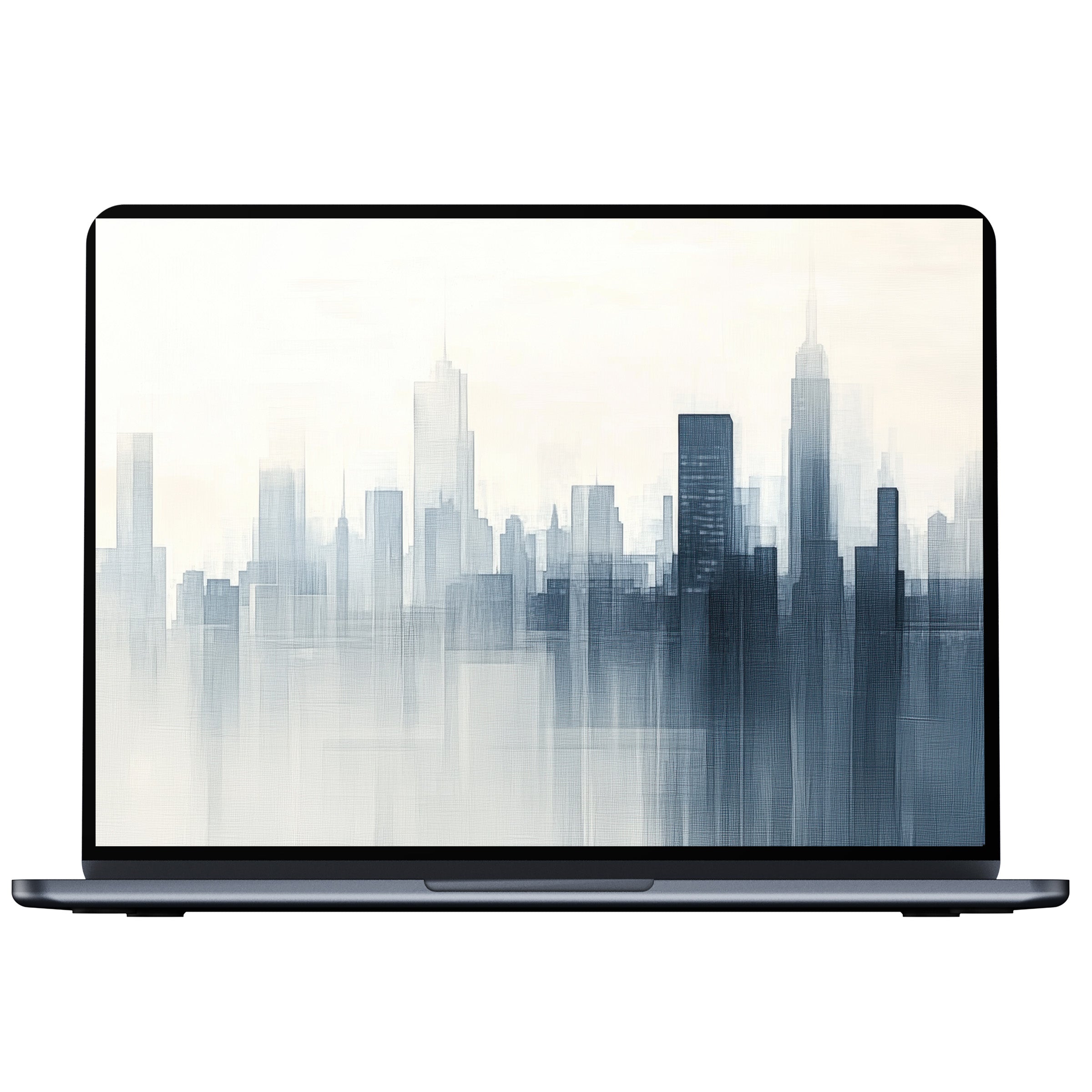 Elegant minimalist desktop wallpaper featuring a serene grayscale cityscape watercolor for PC and laptop digital download