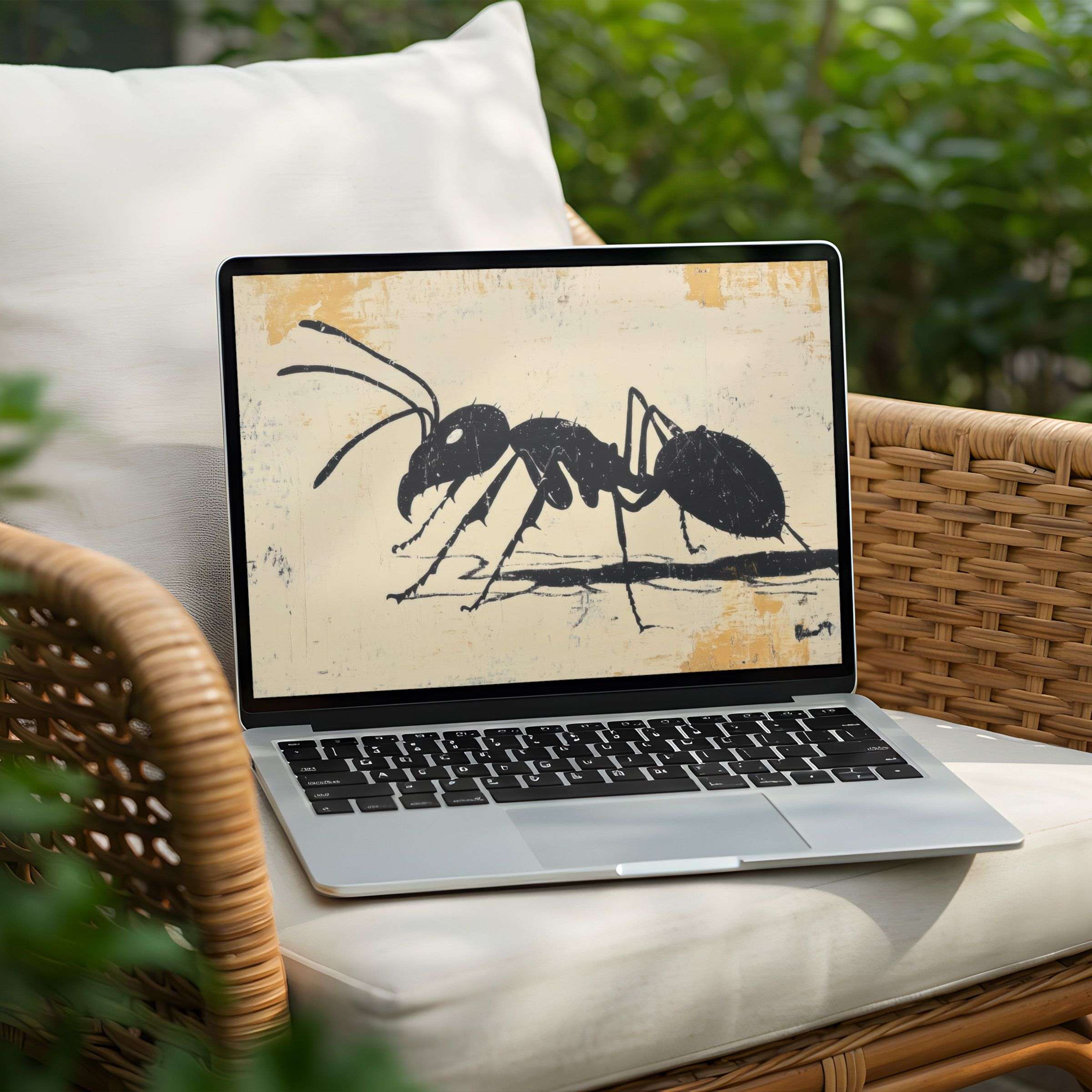 Minimalist ant illustration on PC laptop embraces elegance and mindfulness as an inspiring desktop background for instant download