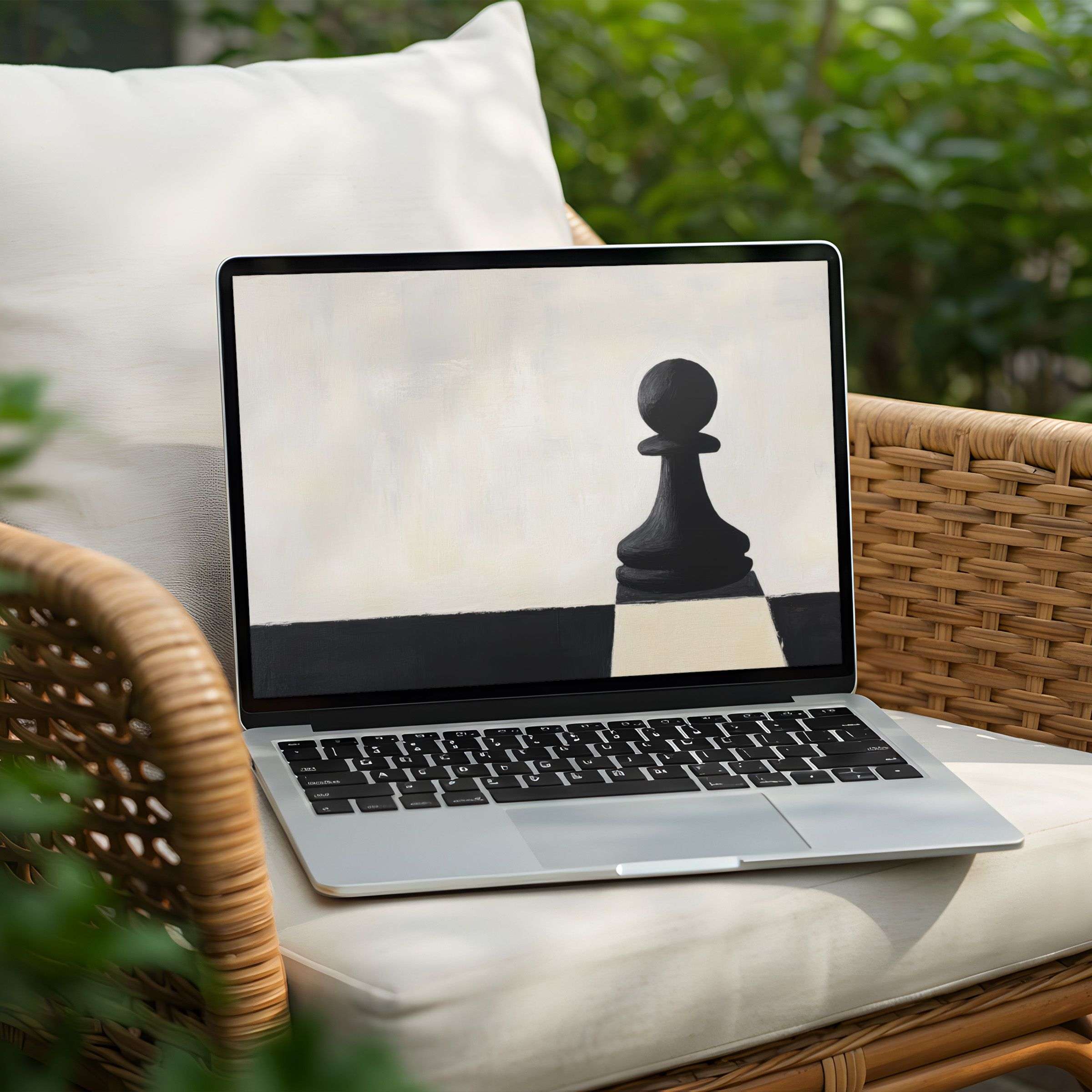 Elegant black pawn art on a Laptop creates a minimalist desktop background for instant download to inspire mindfulness on PC
