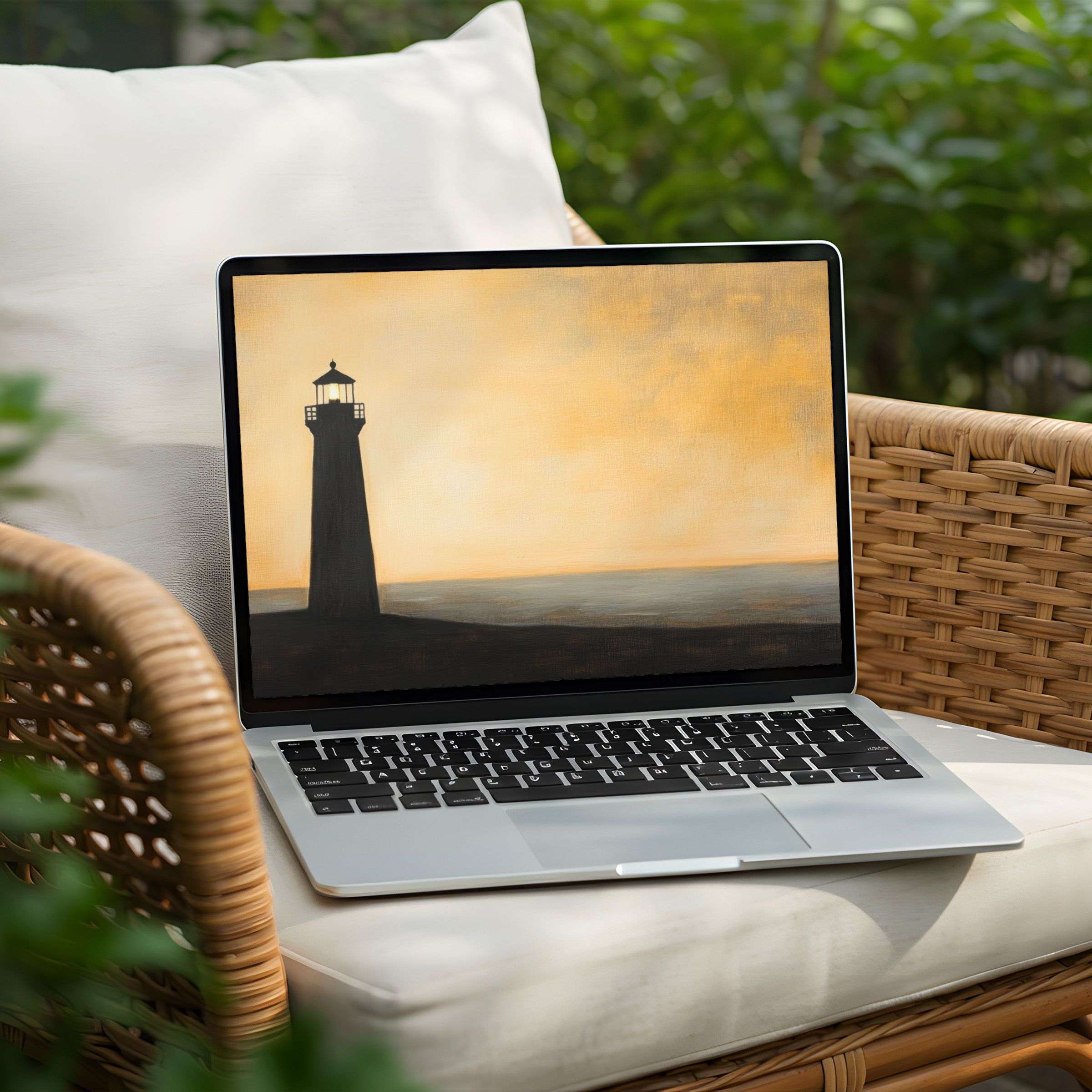 Elegant lighthouse at sunset desktop background for PC or Laptop, offering instant download to inspire calm and mindfulness