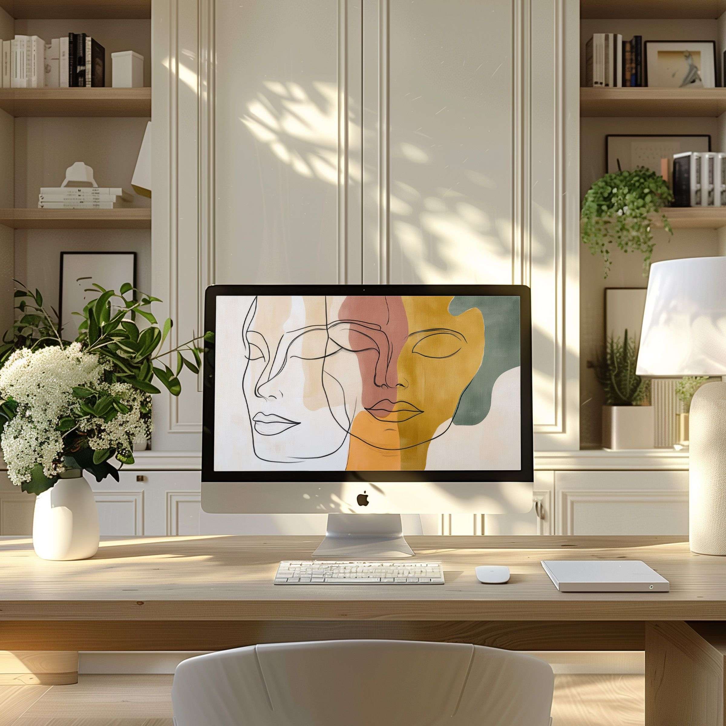 Inspiring abstract face art wallpaper for computer creating a calming elegant vibe in modern home office for PC and Laptop use