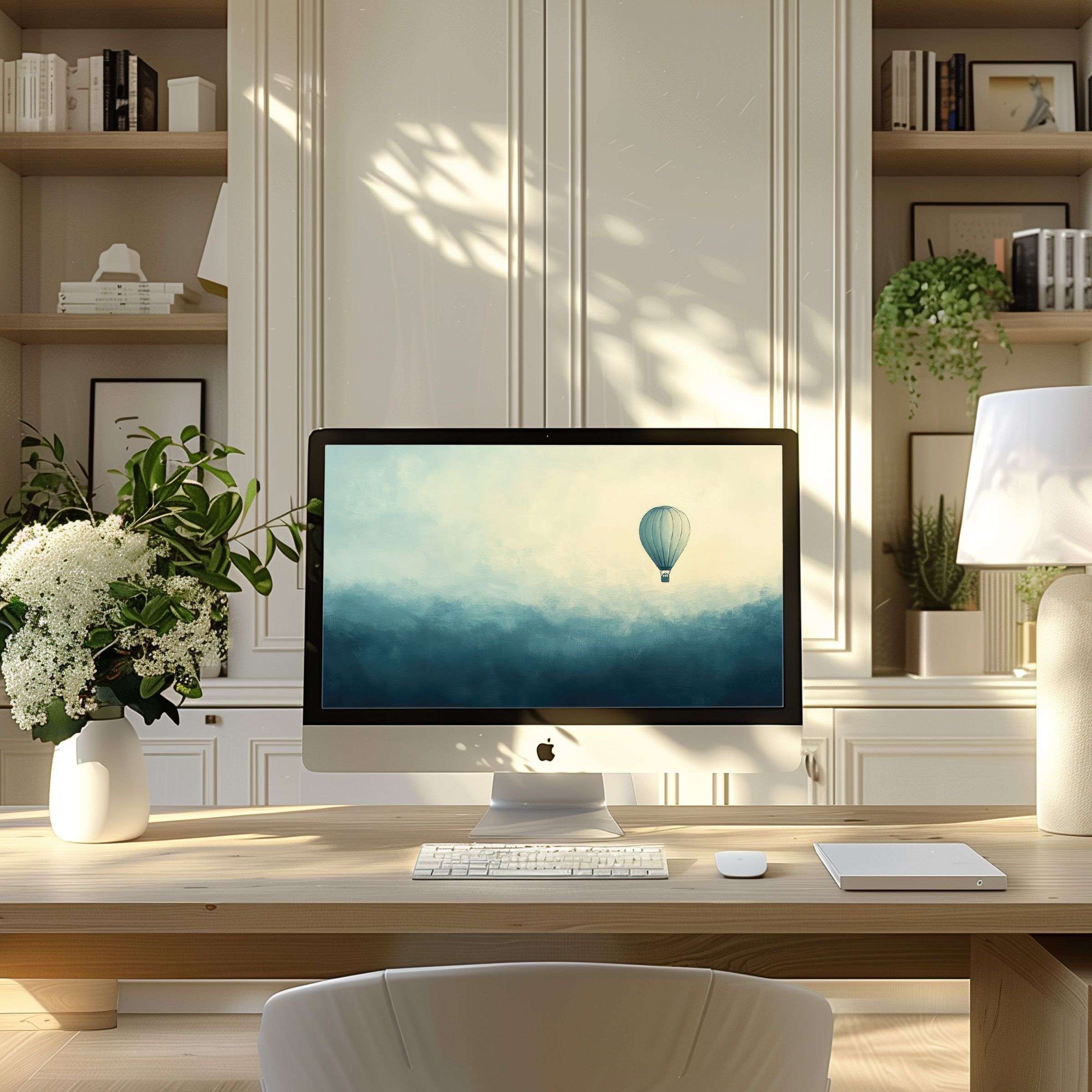 Elegant digital art with a serene hot air balloon motif, perfect wallpaper for computer, PC, and laptop for modern home offices