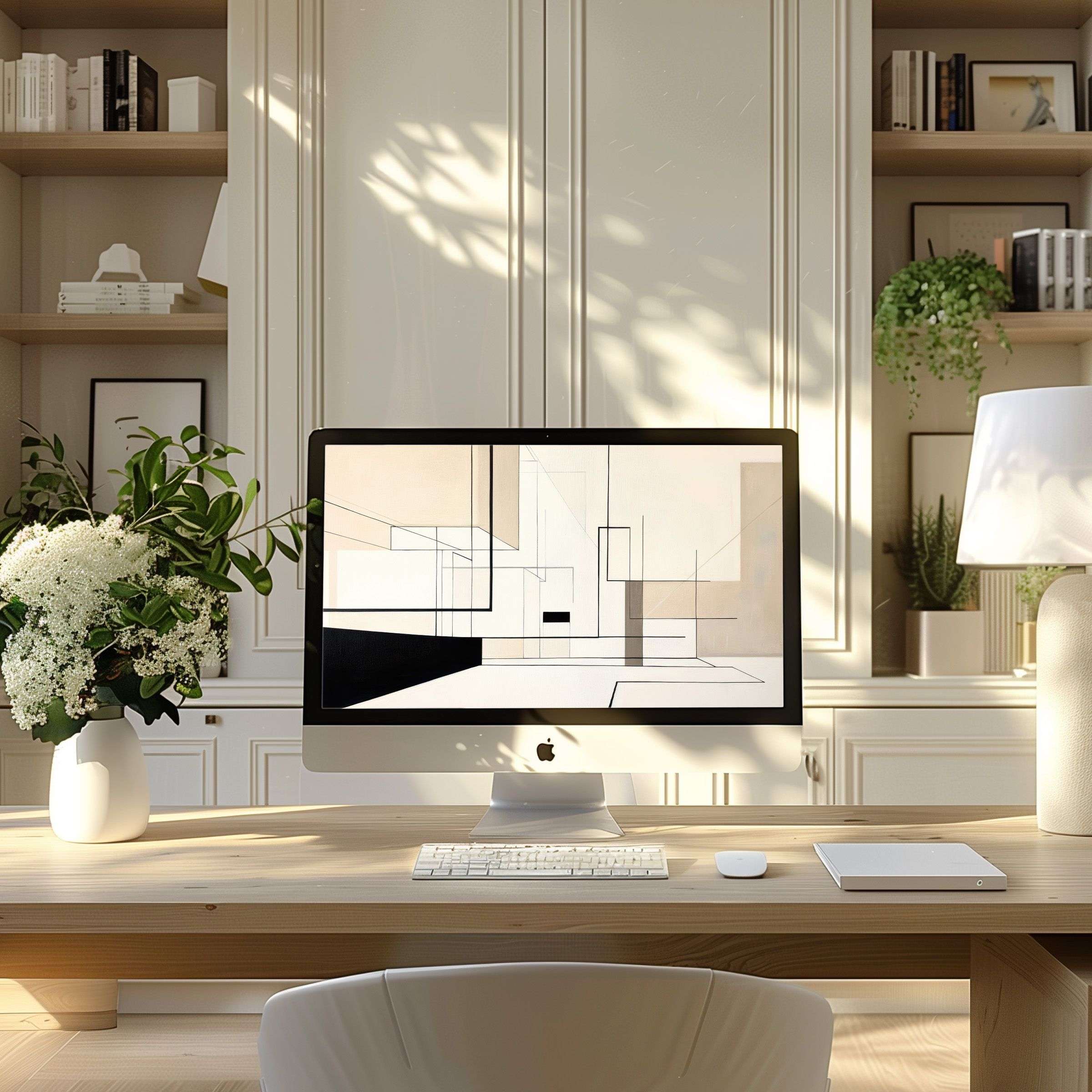 Elegant abstract art wallpaper for computer inspires calm in a modern home office, fitting PC, laptop, and ultrawide displays