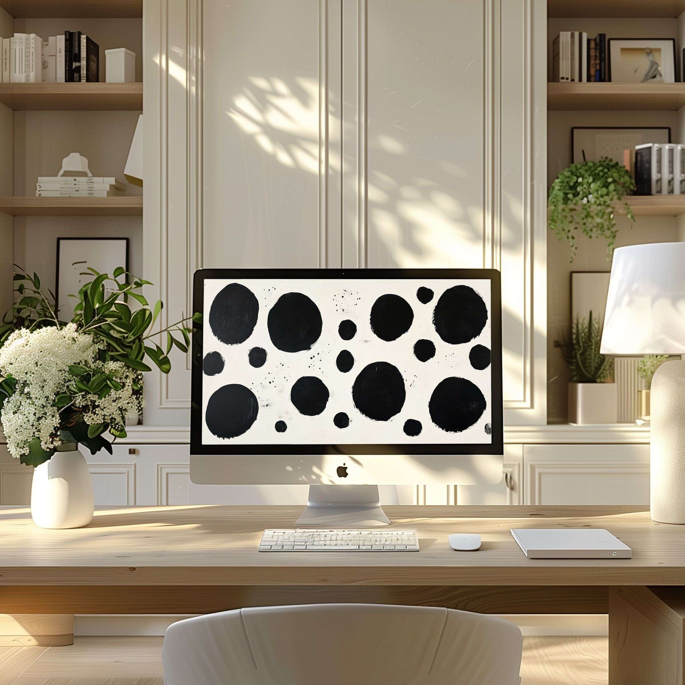 Elegant black and white abstract wallpaper for computer enhances modern home office décor, inspiring calm on PC and laptop screens