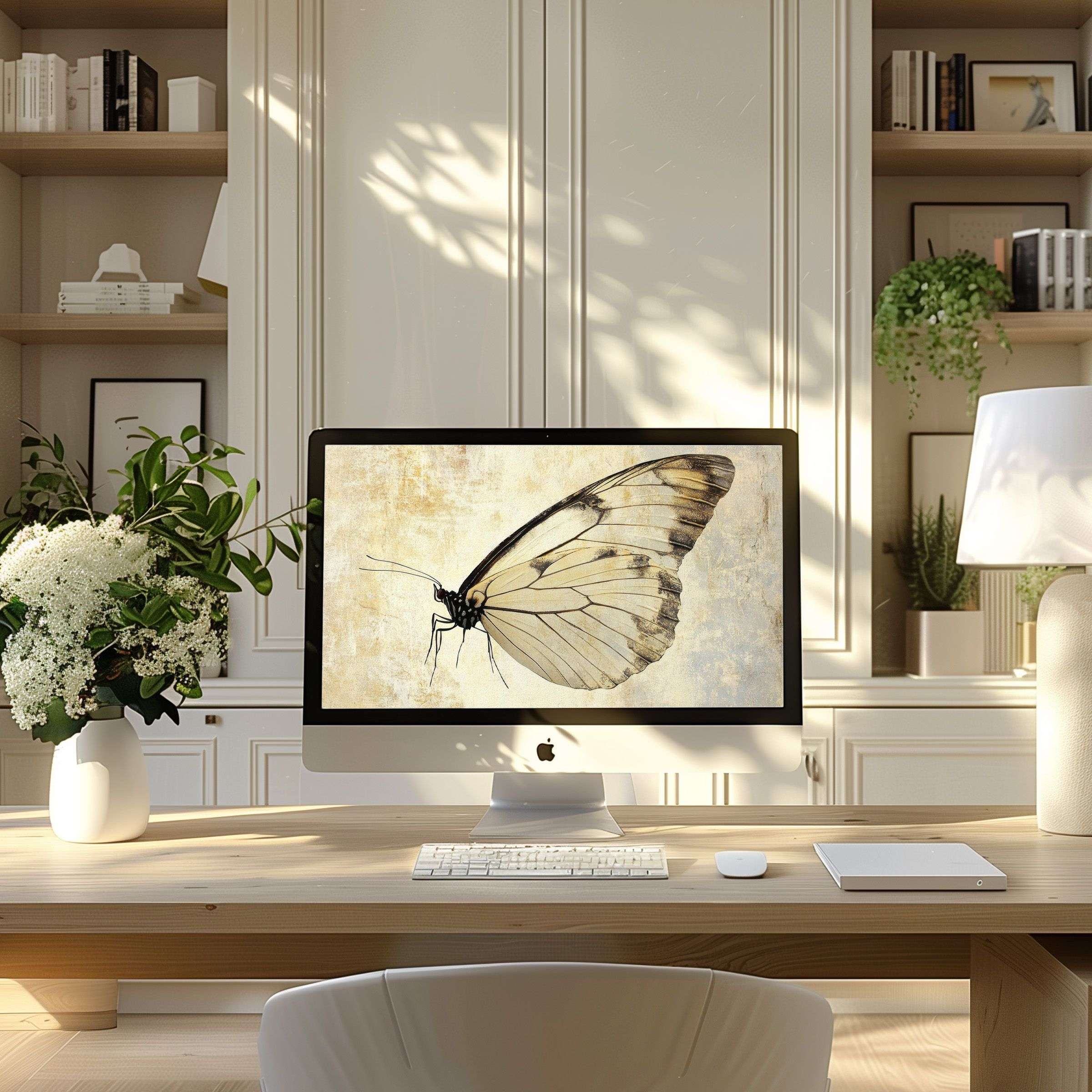 Elegant butterfly motif wallpaper for computer infuses modern home office with calm, fitting PC, Laptop, ultrawide screens