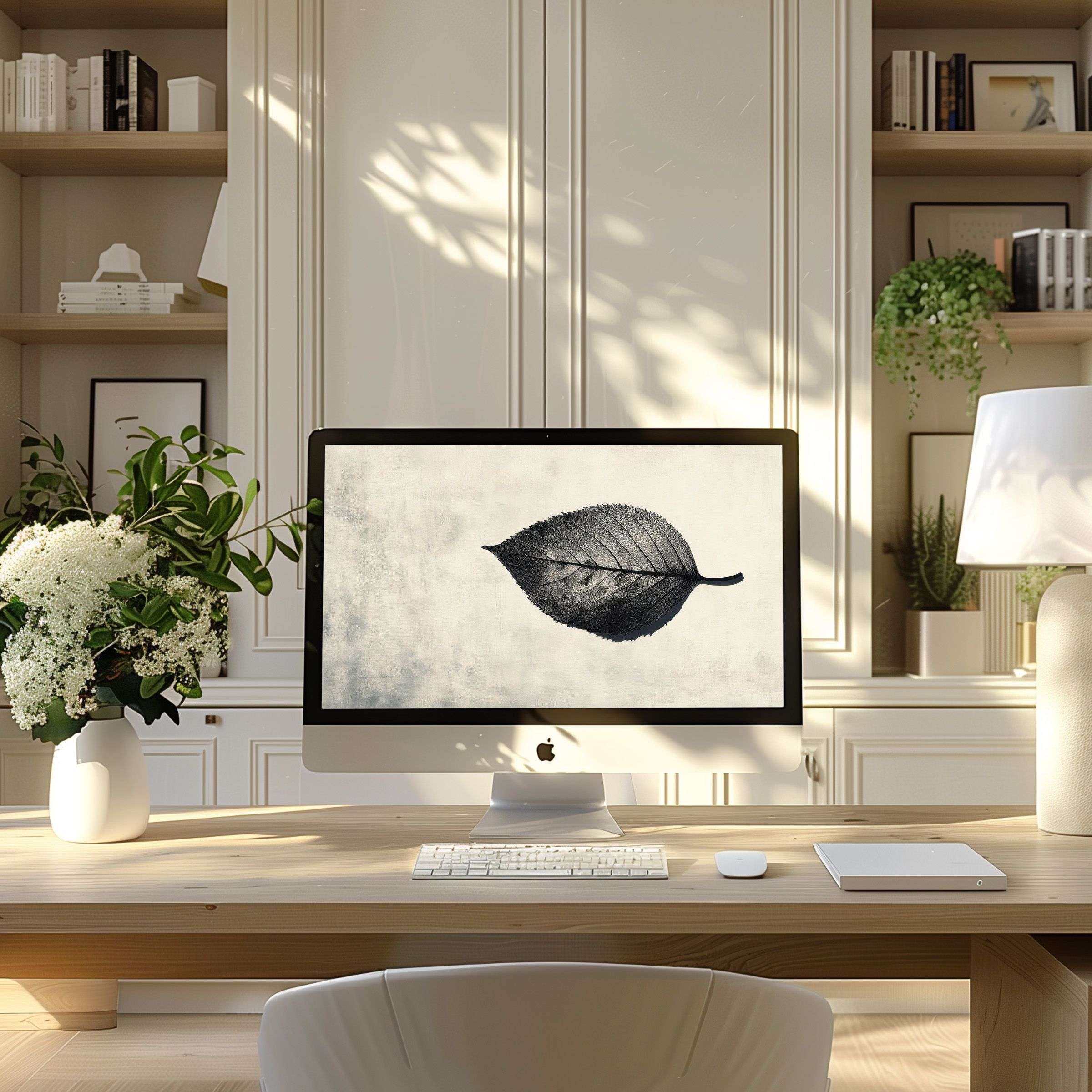 Elegant leaf digital art wallpaper for computer enhances modern home office calm fits PC laptop ultrawide inspiring download