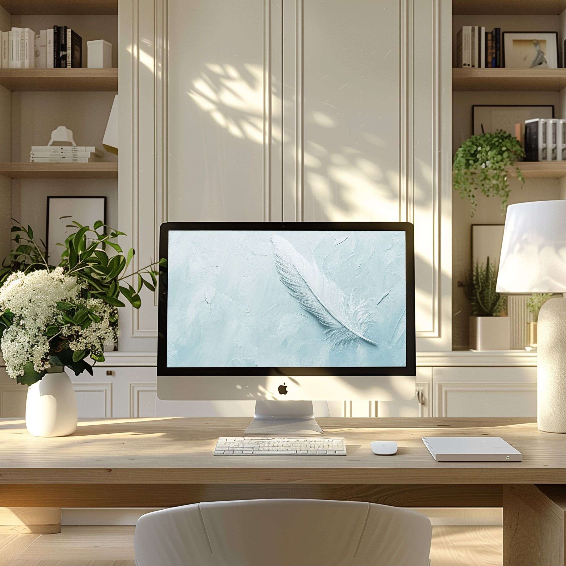 Elegant feather motif wallpaper for computer, PC, and laptop in a serene, modern home office setting, digital download for inspiration