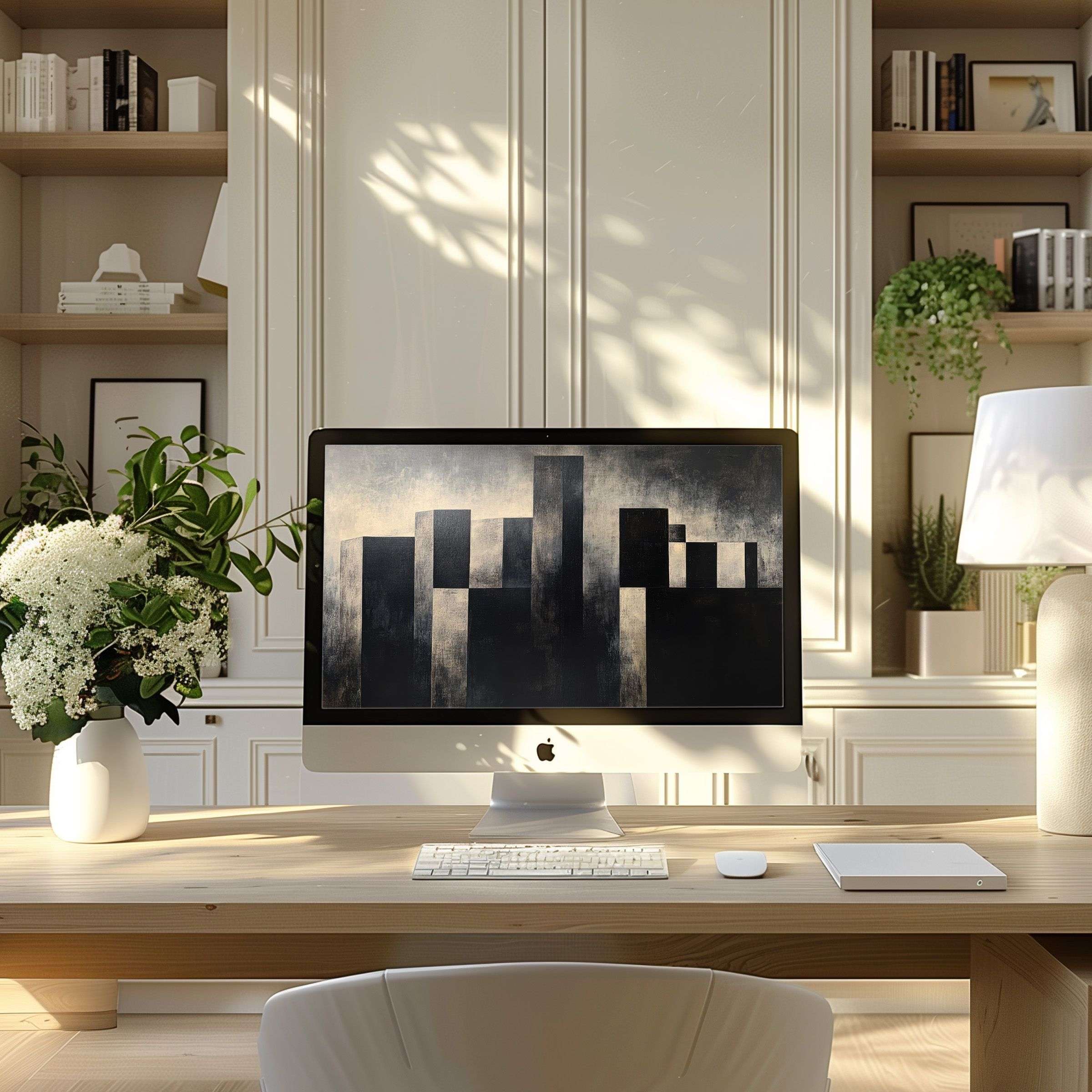 Elegant digital cityscape wallpaper for computer inspiring calm in a modern home office fits PC laptop ultrawide download
