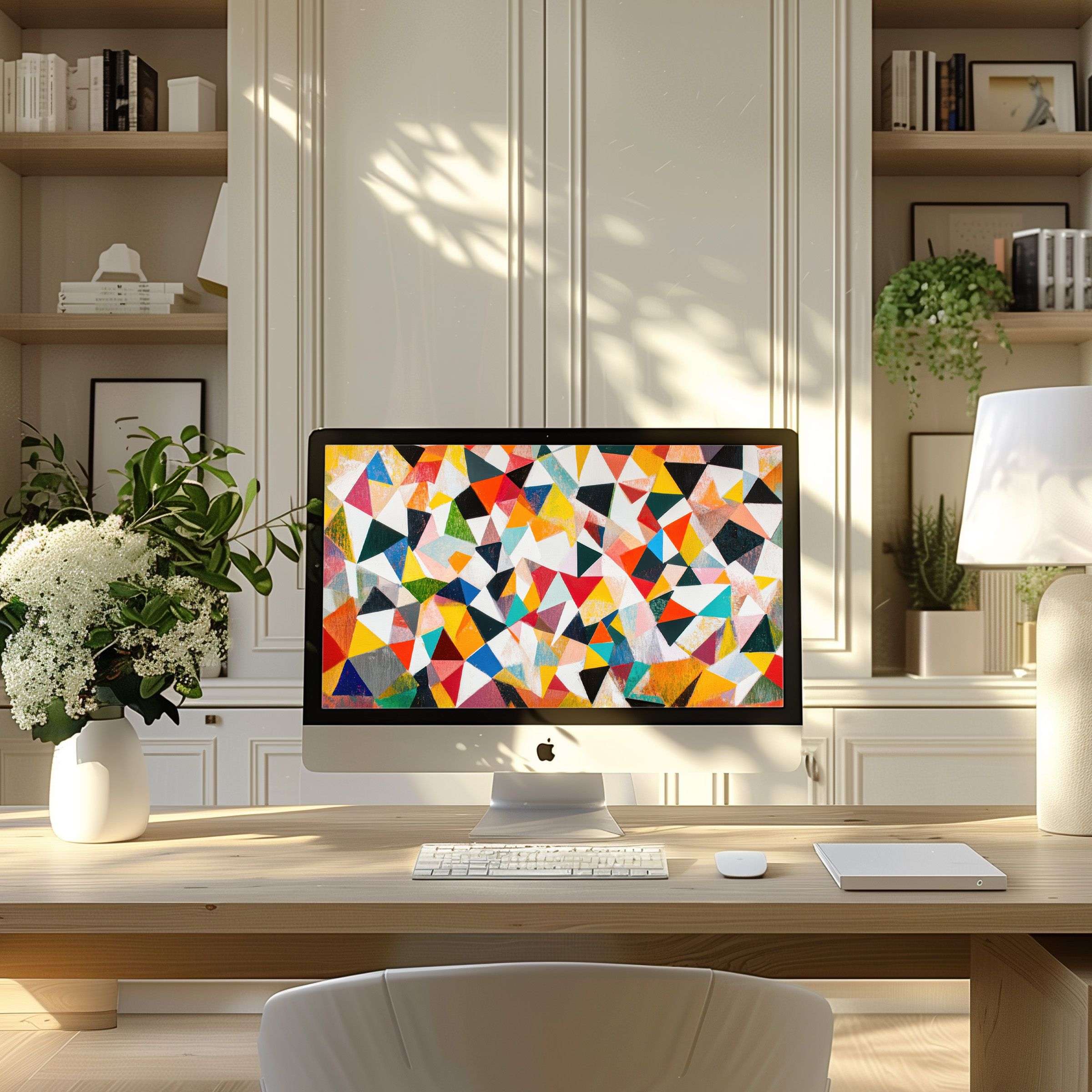 Colorful geometric digital art wallpaper for computer enhances your PC or Laptop setup with calm elegance and creative inspiration