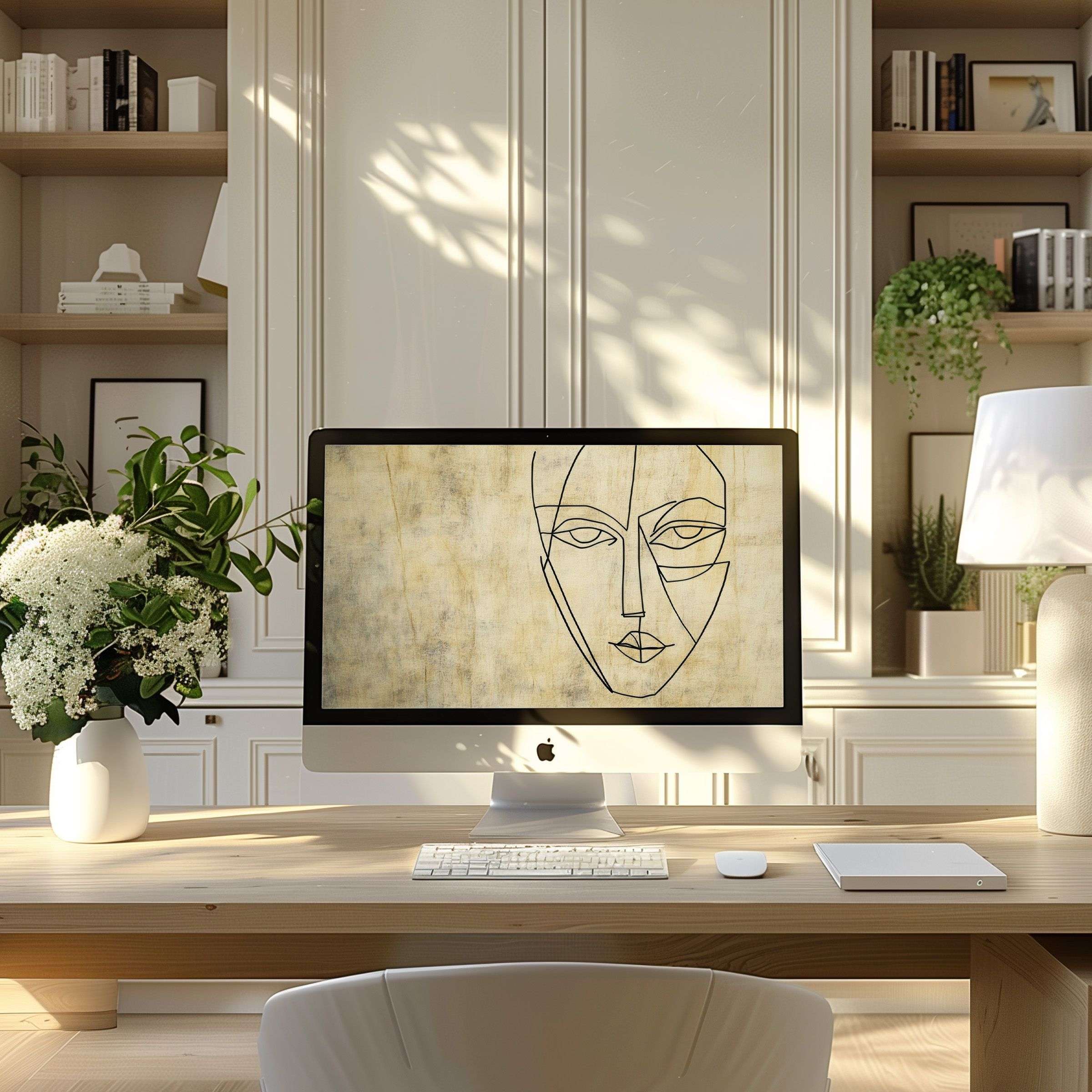 Elegant minimalist face art wallpaper for computer transforms your modern home office into a serene space, ideal for PC and Laptop use