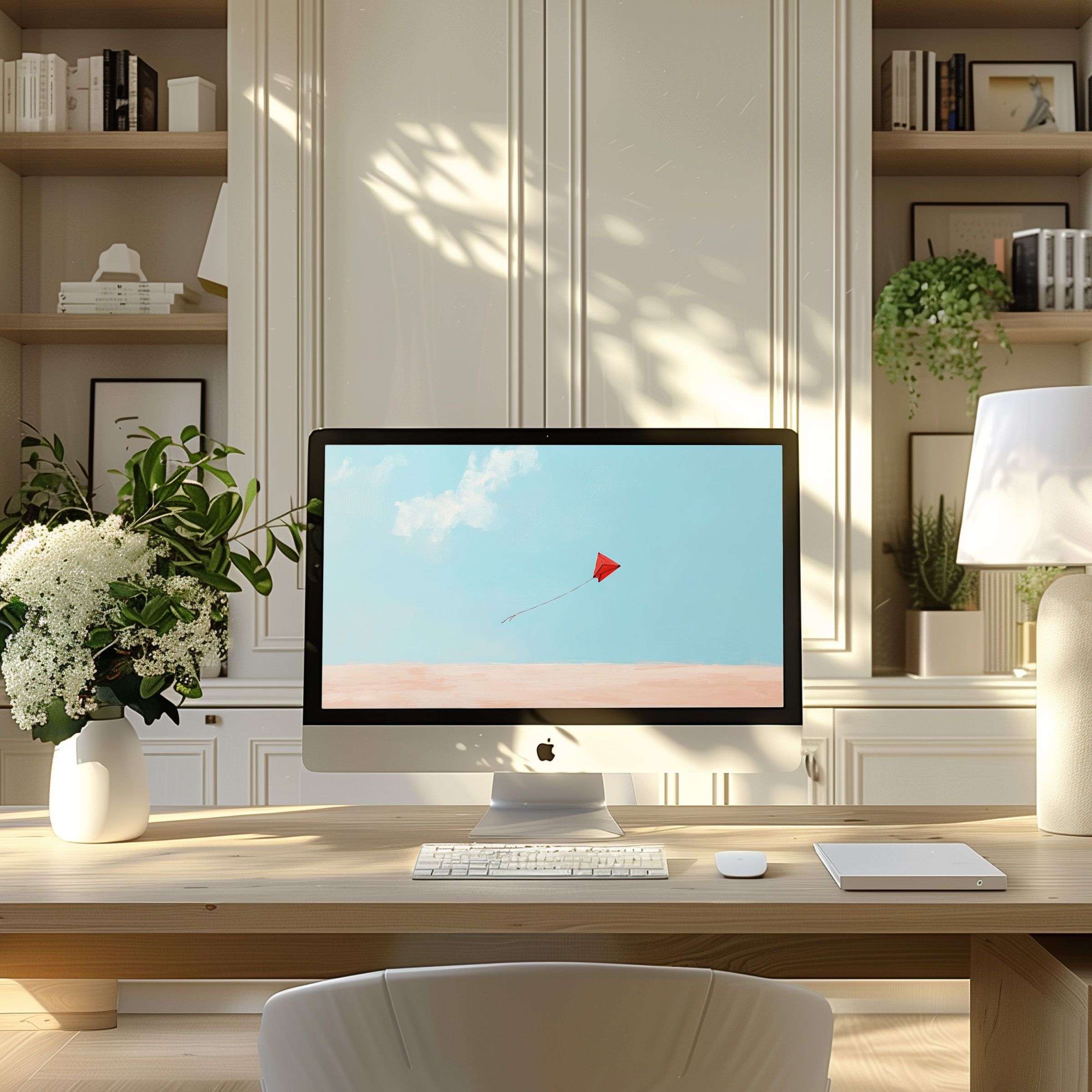 Inspiring kite flight wallpaper for computer in an elegant home office setting, ideal for PC, laptop, ultrawide displays, digital download