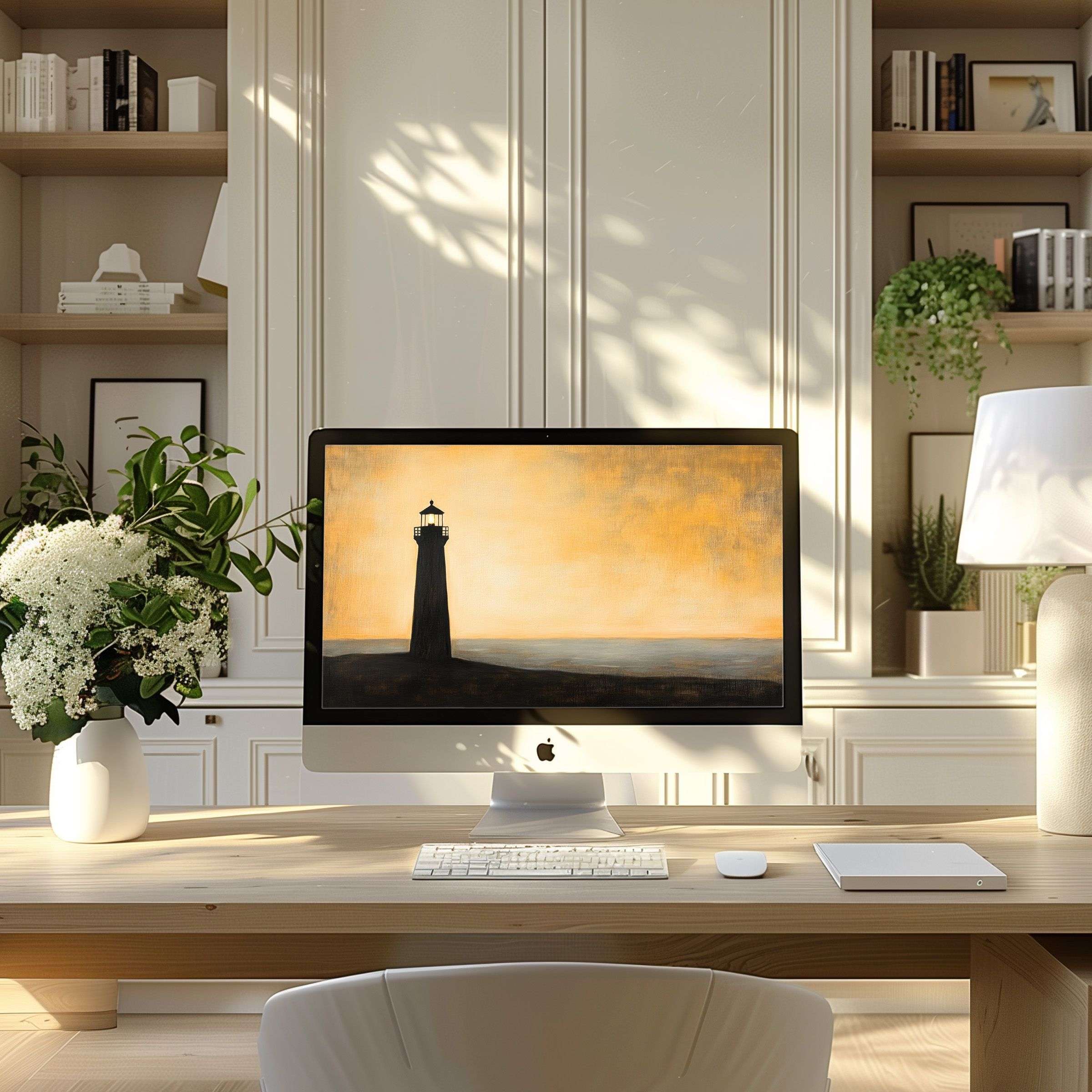 Elegant lighthouse artwork for wallpaper for computer, PC or laptop, inspiring calm in a modern home office, digital download