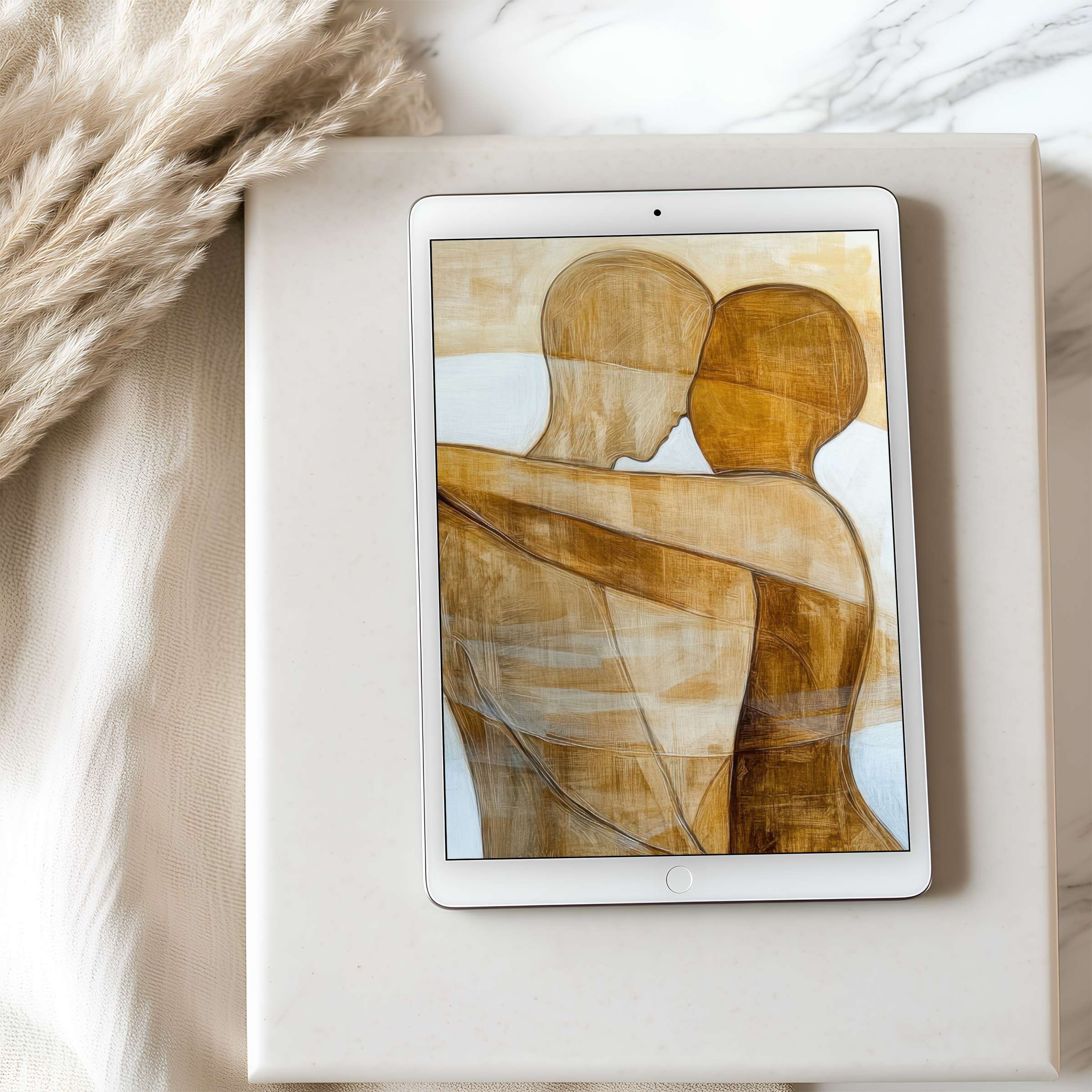 Elegant abstract art on iPad tablet wallpaper blending warm brown hues, perfect for calm aesthetics and high-resolution digital download