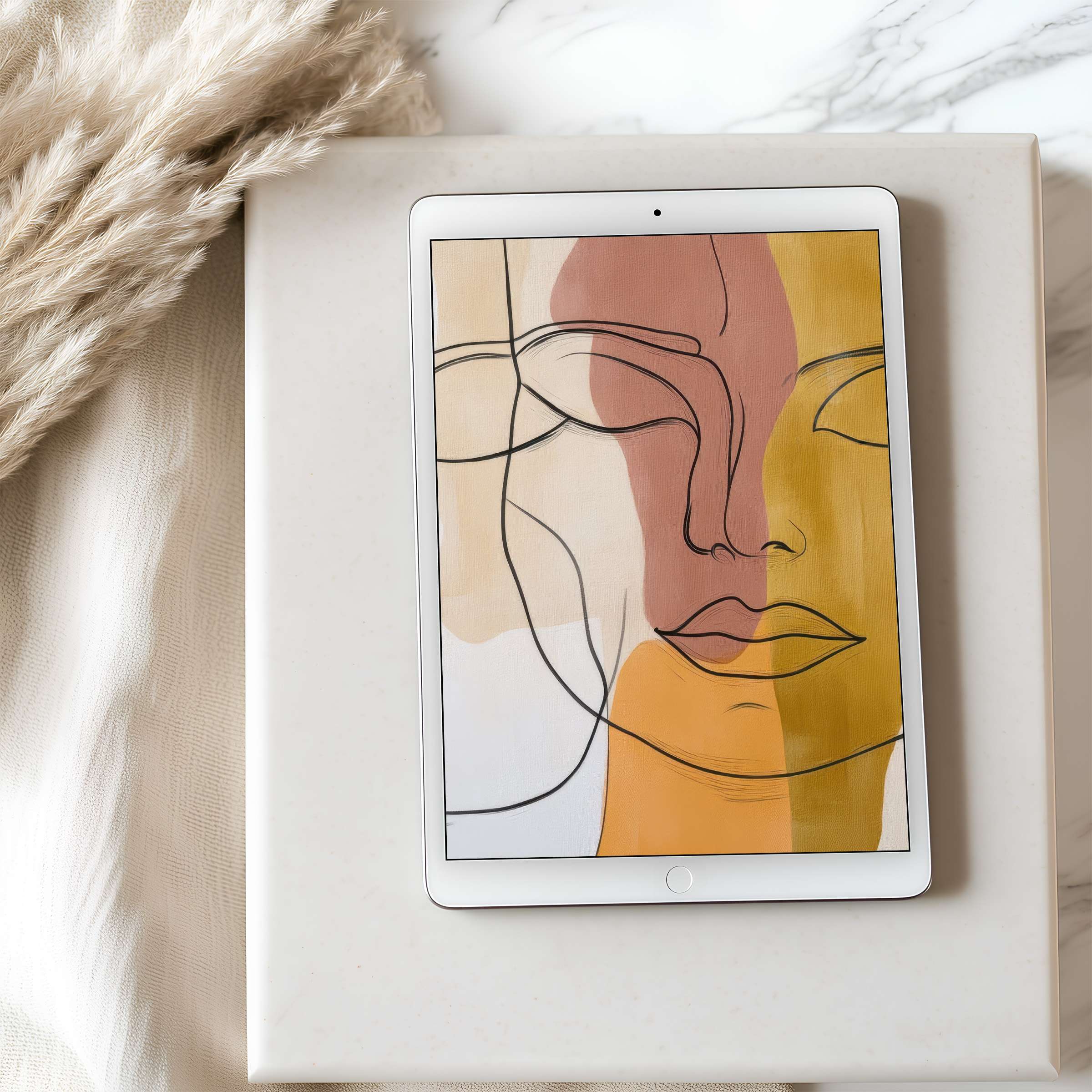 Elegant abstract art in soft earth tones on a tablet wallpaper blends with serene decor ideal for iPad digital download