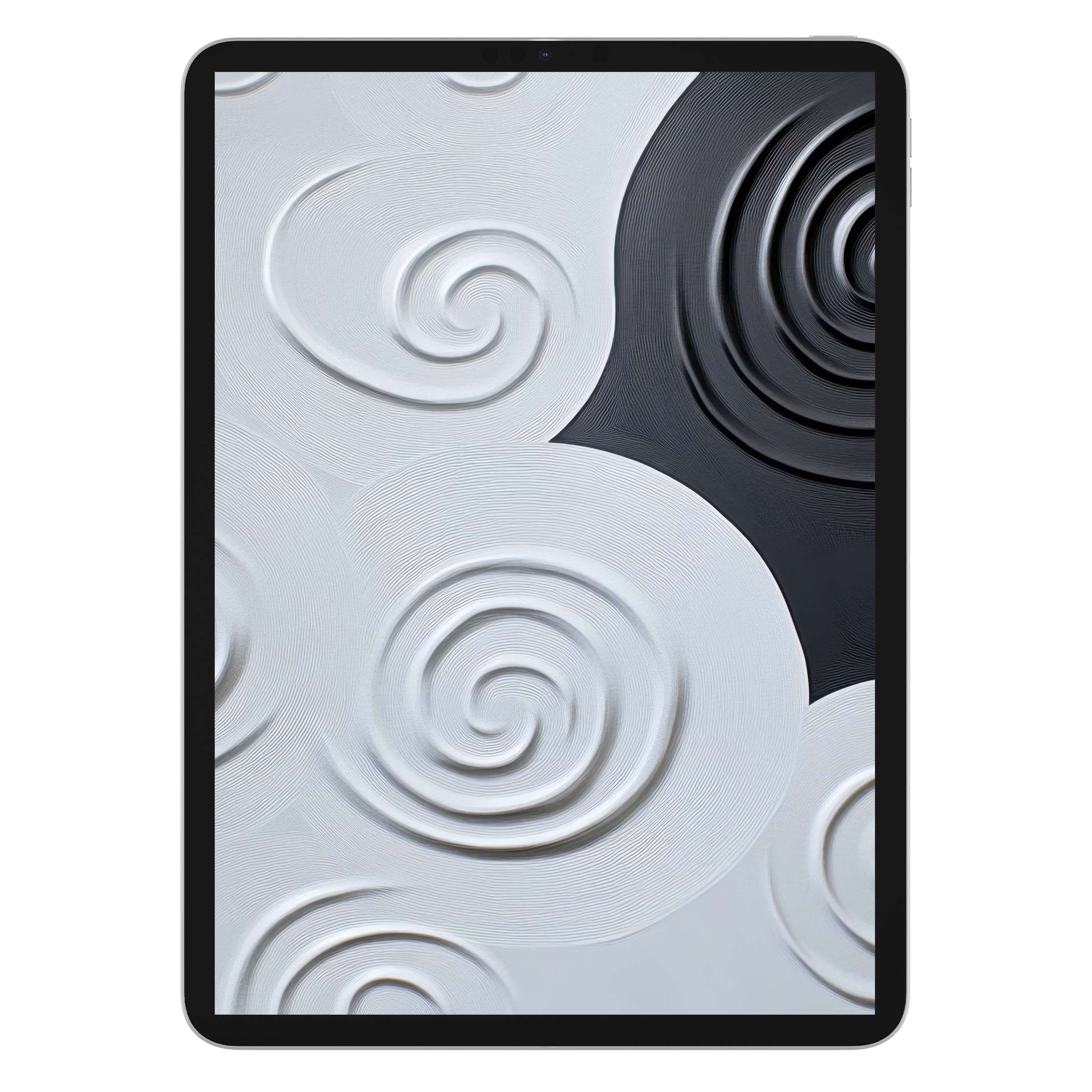 Elegant minimalist iPad wallpaper with swirling black and white textures creating a calm, inspiring tablet background digital download