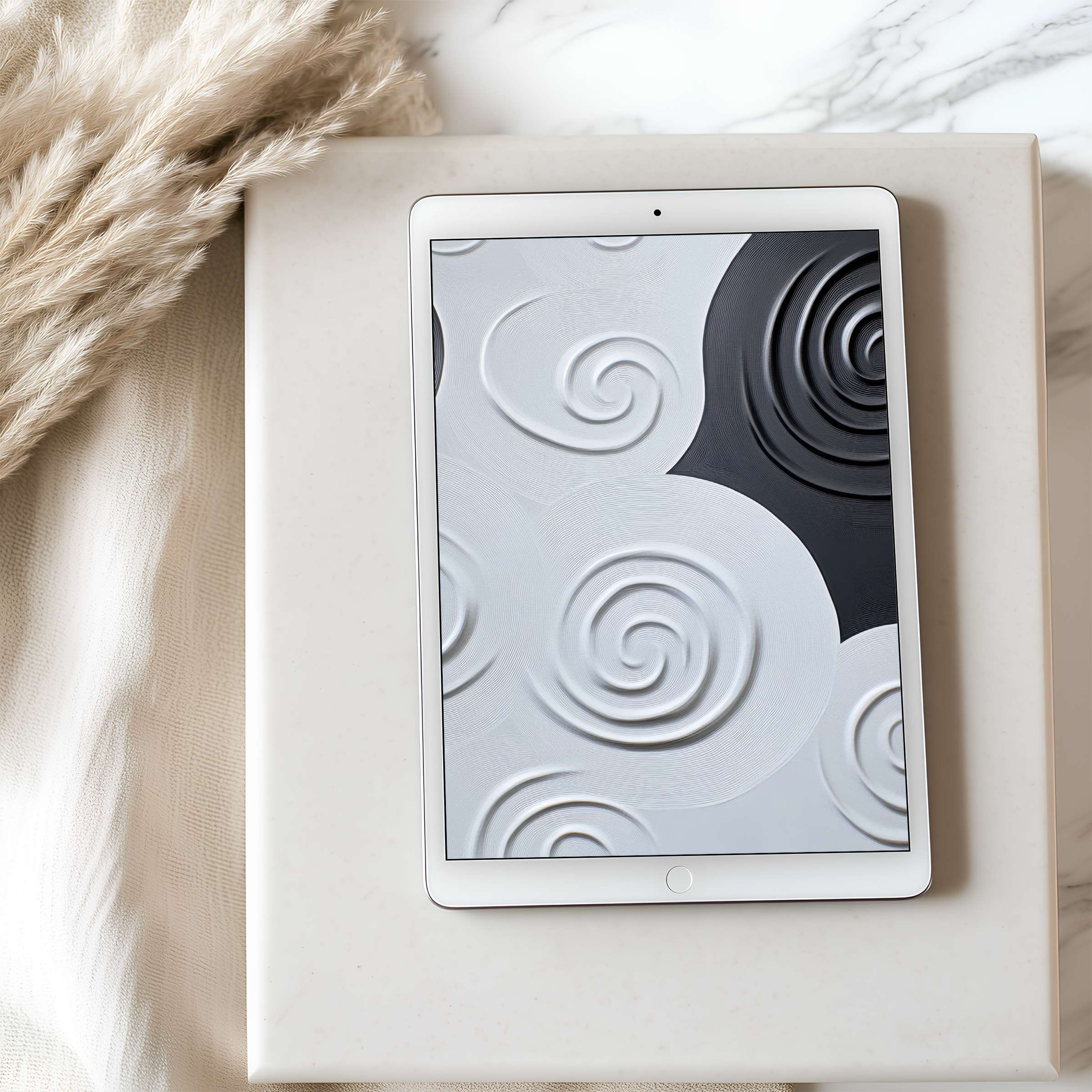 Elegant tablet wallpaper featuring soft spiral patterns in monochrome tones, ideal for iPad or Android tablets, enhancing peaceful interiors