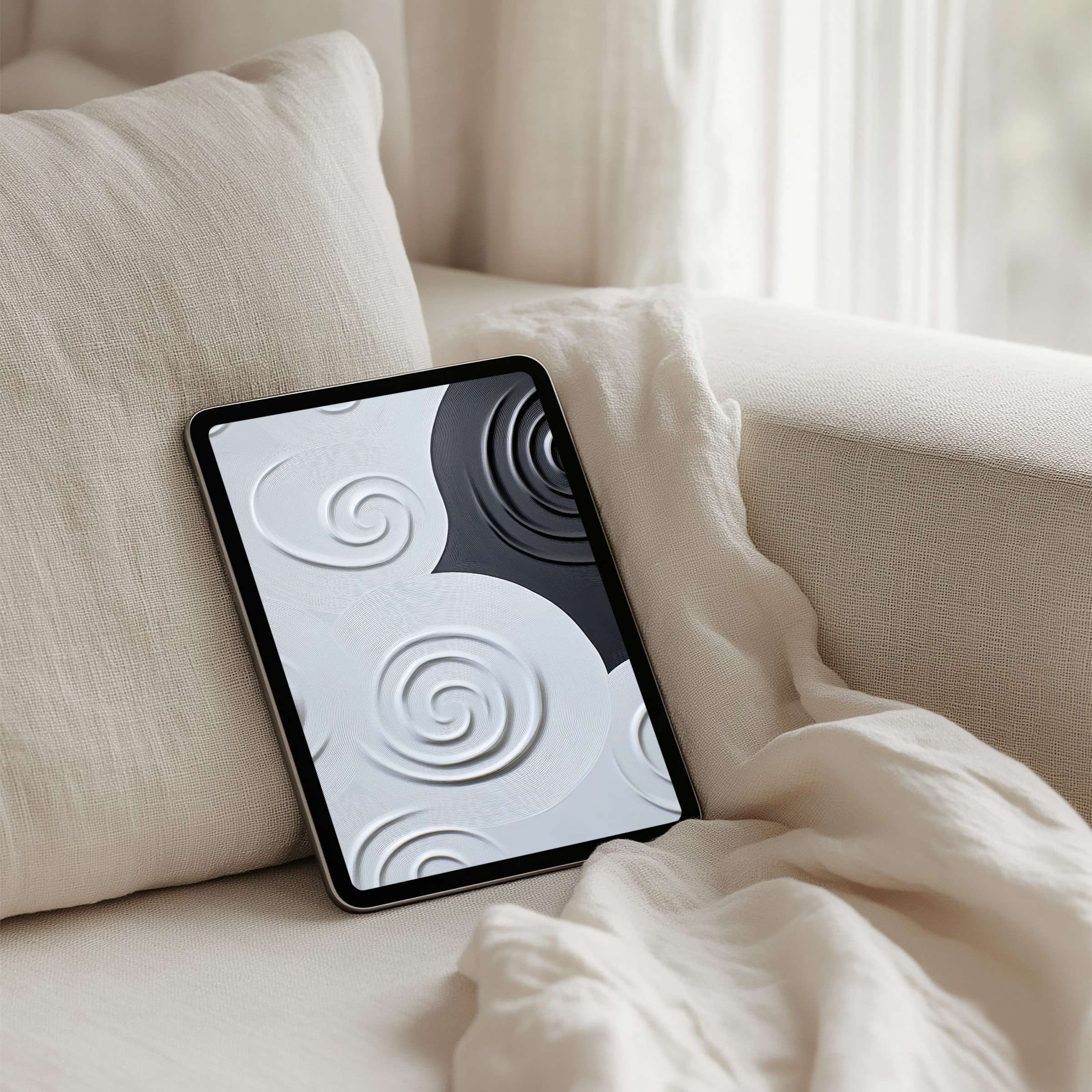 Abstract spiral pattern in neutral tones on an iPad background offers calm and elegance as an instant download for any tablet