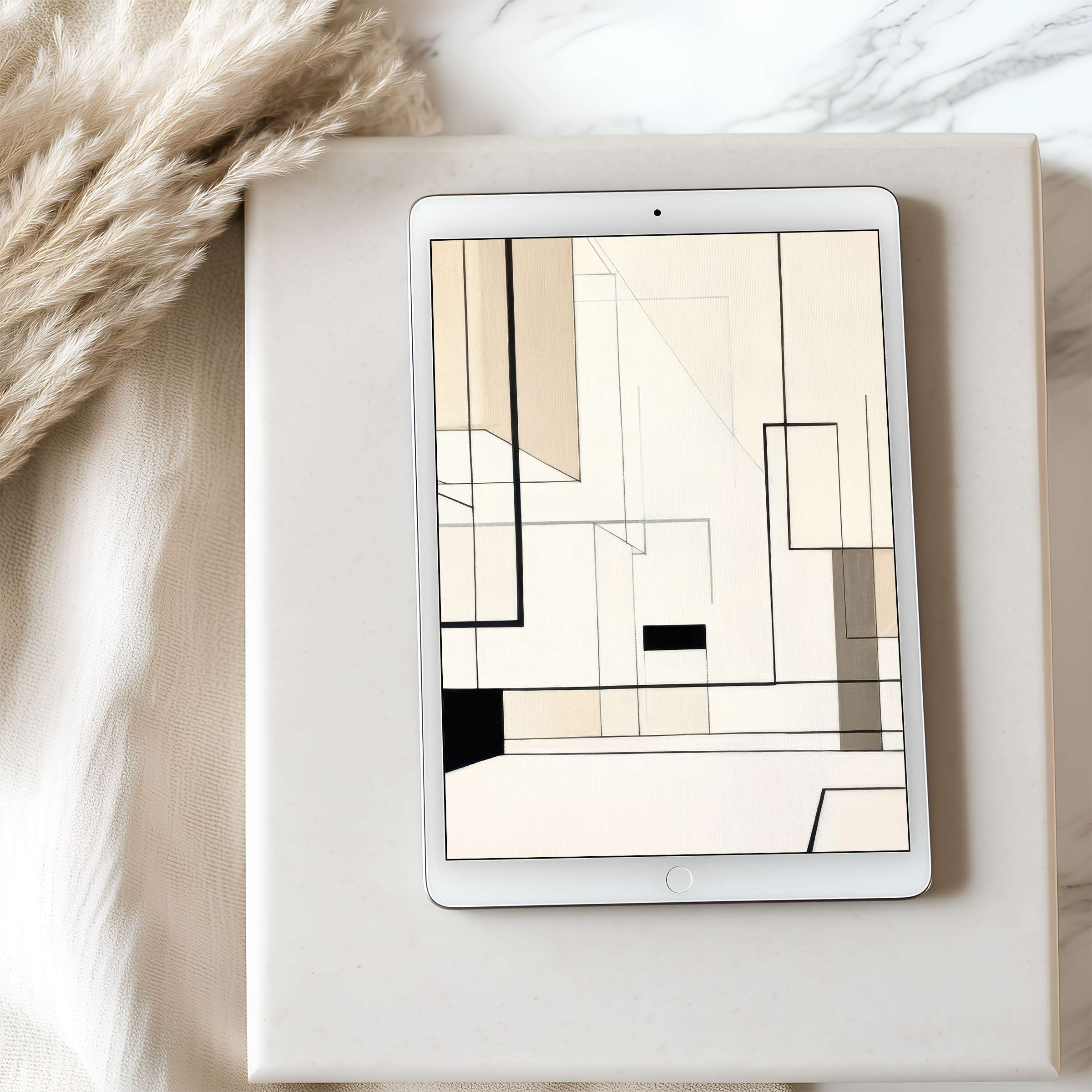 Elegant tablet wallpaper featuring minimalist geometric patterns in soothing beige tones, high resolution for iPad and Android tablets