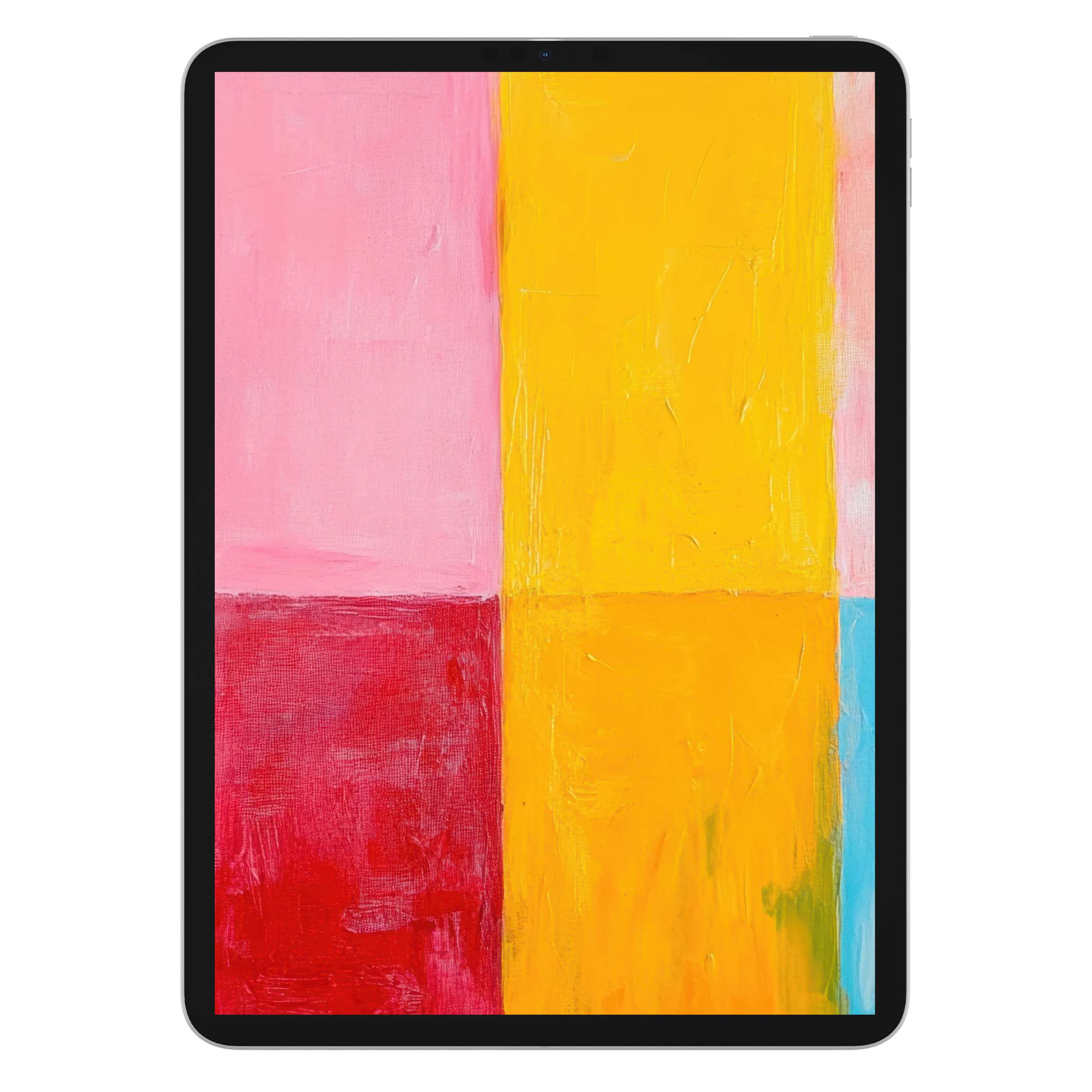 Vivid abstract minimalist iPad wallpaper featuring bold pink, red, yellow, and blue blocks ideal for digital download, tablet background