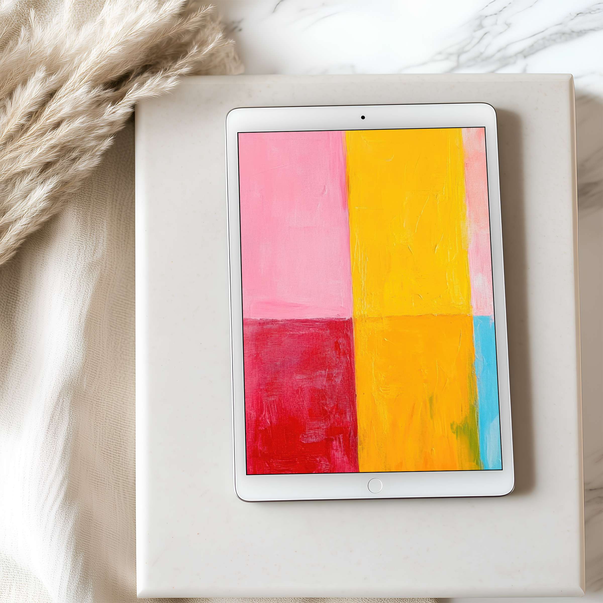 Vibrant abstract art tablet wallpaper in high resolution features bold pink, yellow, red, and blue blocks for an elegant digital download