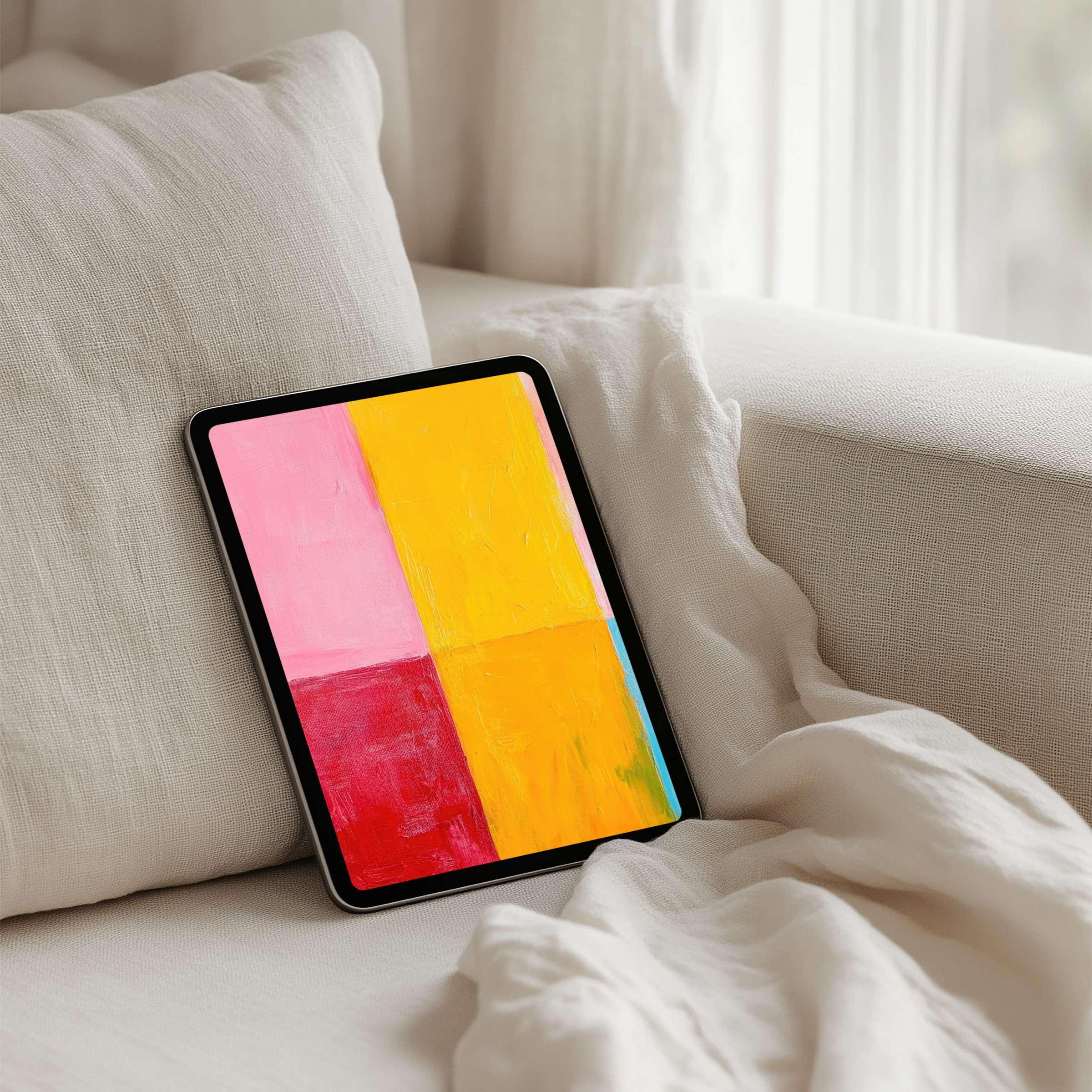 Vibrant abstract art with pink, yellow, and red hues on a tablet creates a serene iPad background for instant download