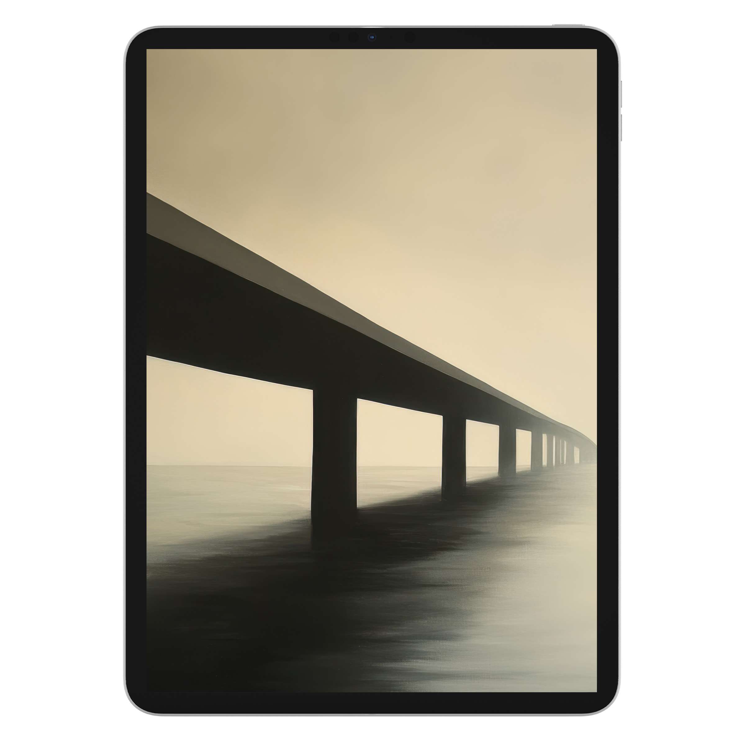 Serene minimalist iPad wallpaper featuring a misty bridge over water, perfect digital download for tablet background and tranquility