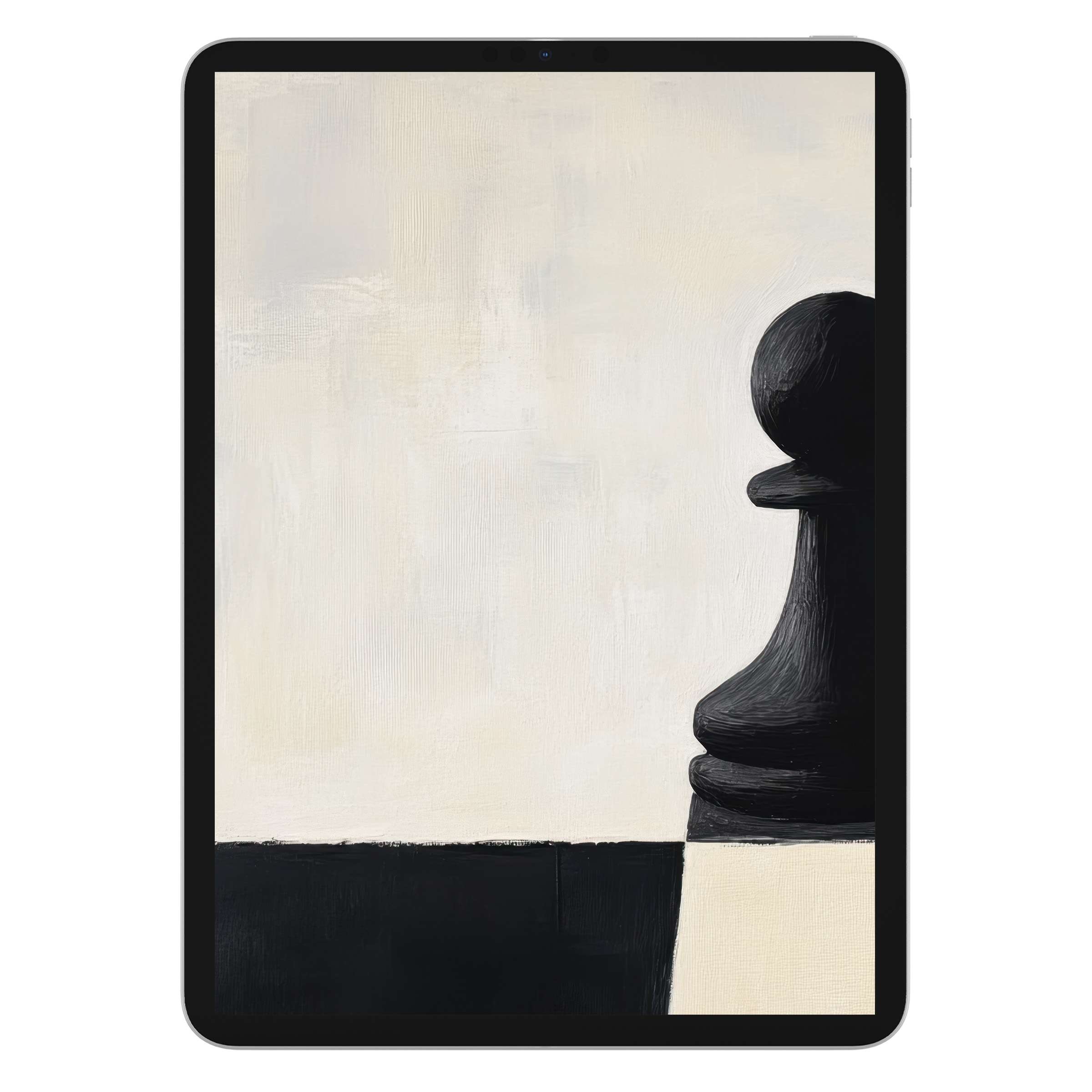 Minimalist iPad wallpaper with a black chess pawn on a textured cream background, perfect tablet art for digital download elegance