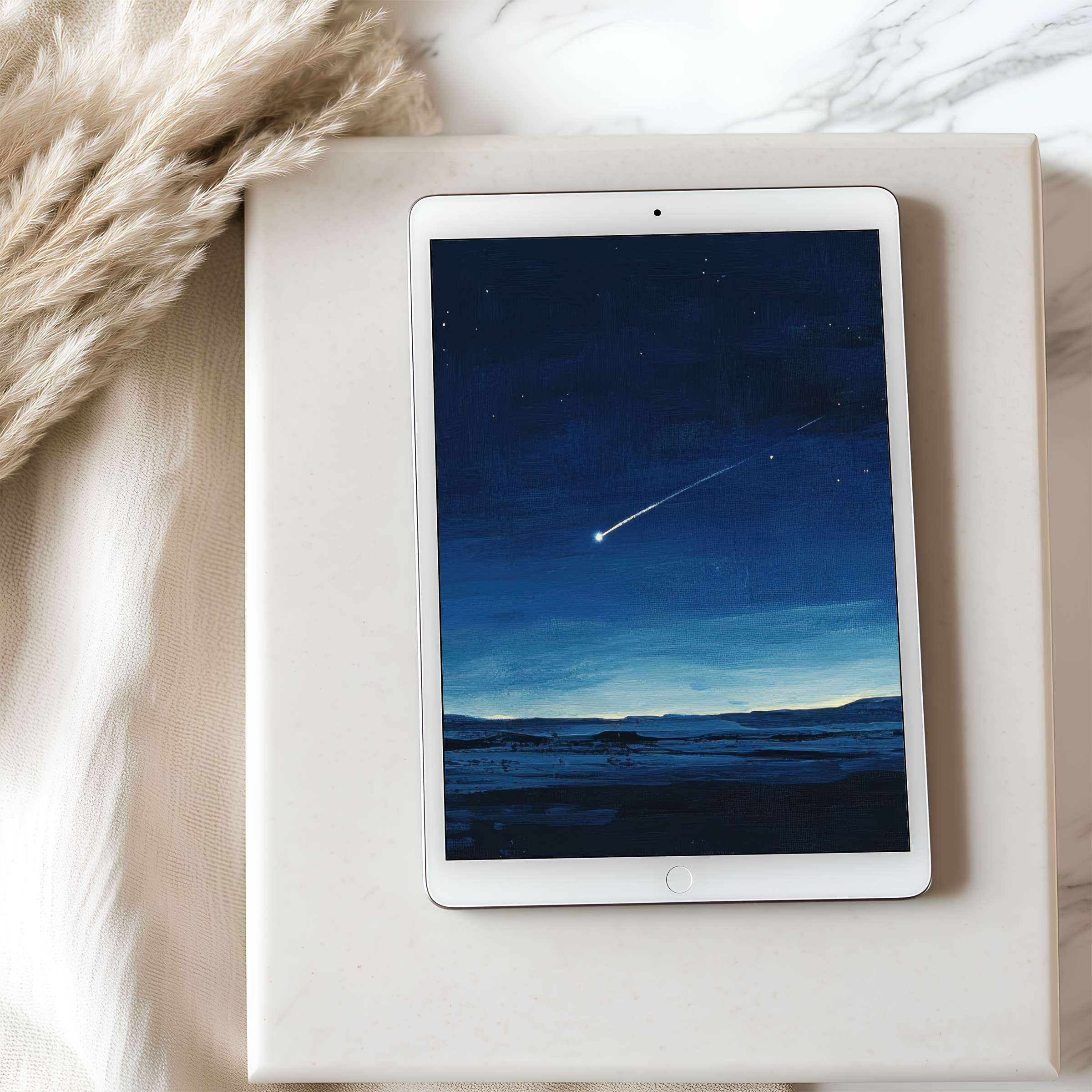 Elegant tablet wallpaper featuring a serene night sky with a shooting star, perfect for iPad, high resolution, digital download