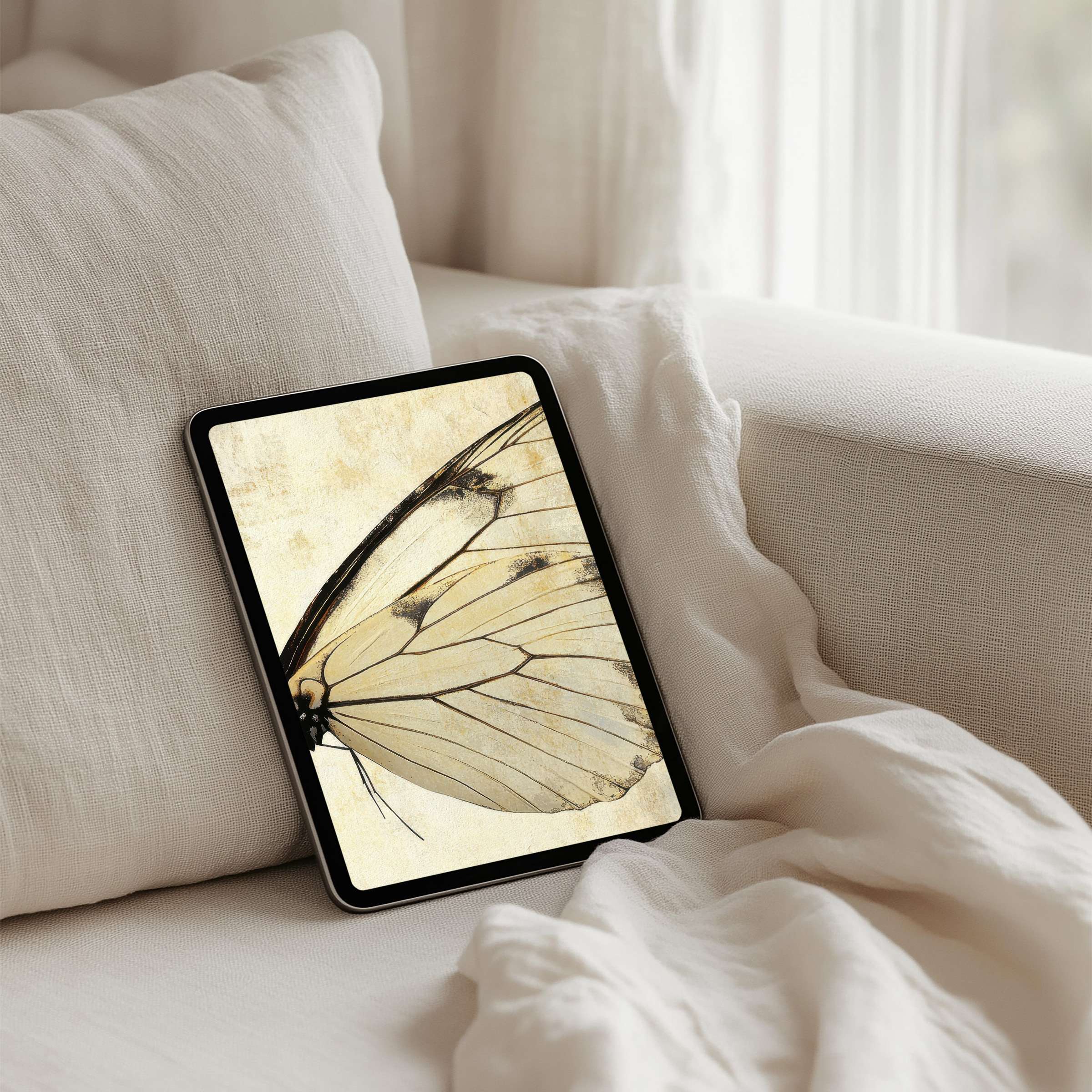 Elegant iPad background with delicate butterfly wing artwork inspiring calm and mindfulness for instant download on any tablet