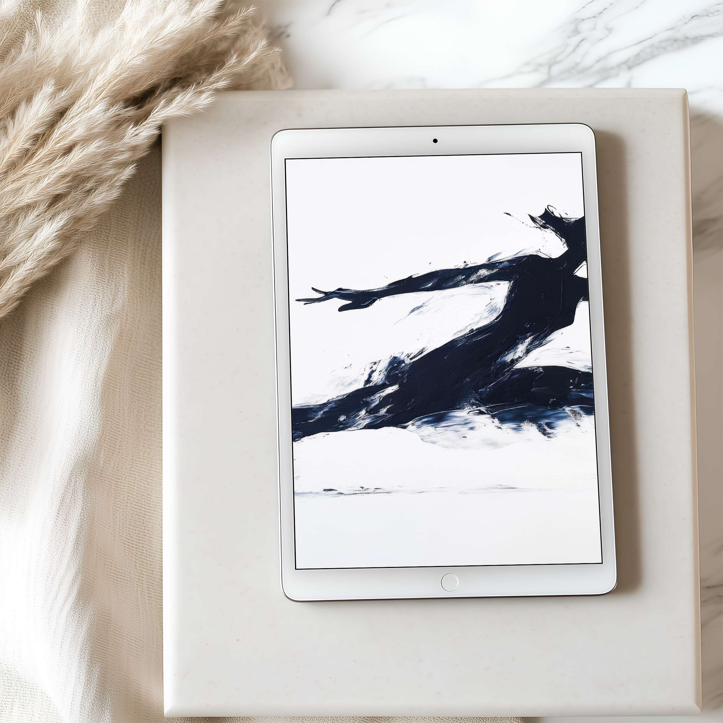 Elegant abstract art in monochromatic strokes on tablet wallpaper offers serene allure for iPad and Android, perfect digital download