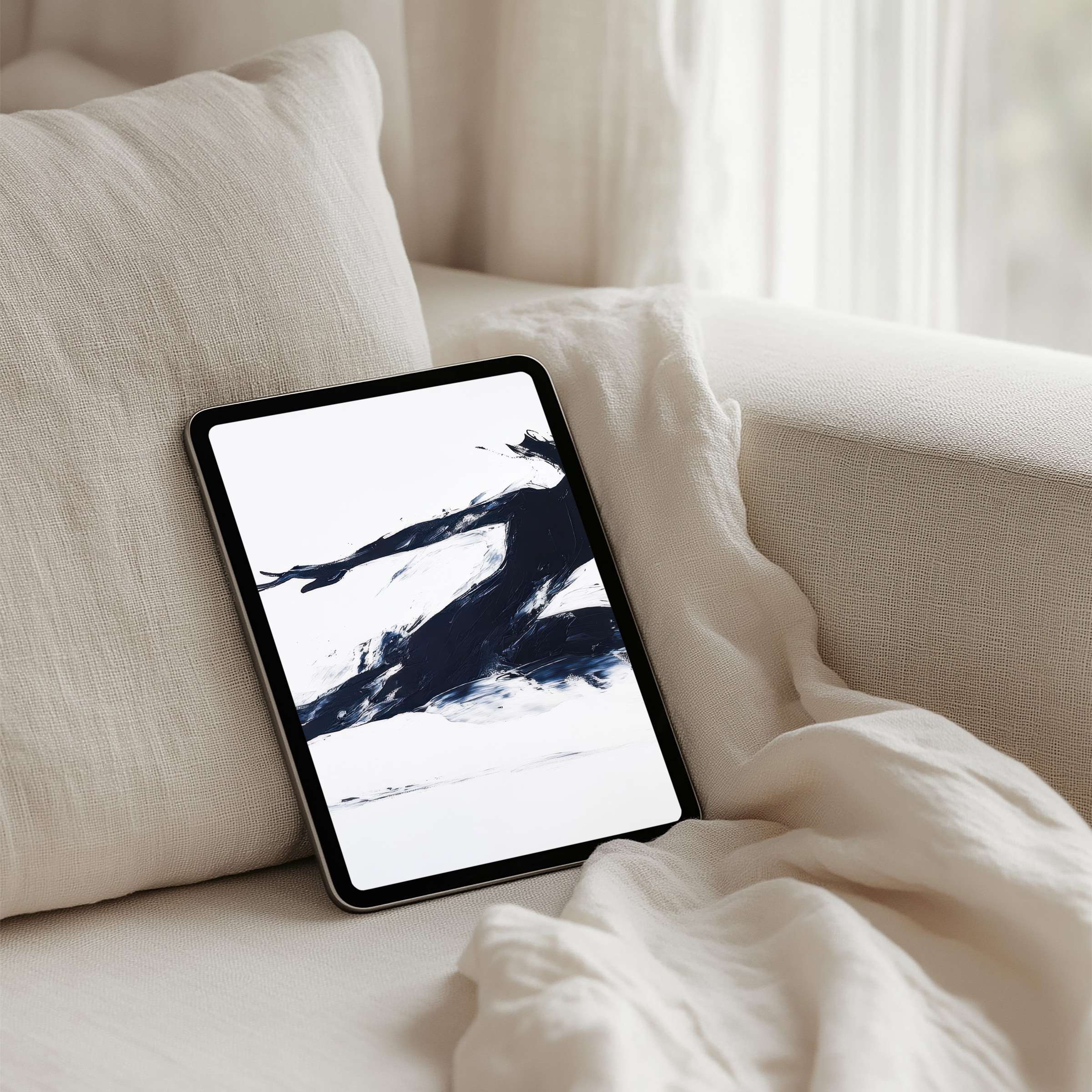 Elegant abstract brushstrokes on iPad background evoke calm inspiration, perfect for tablets with instant download for design lovers