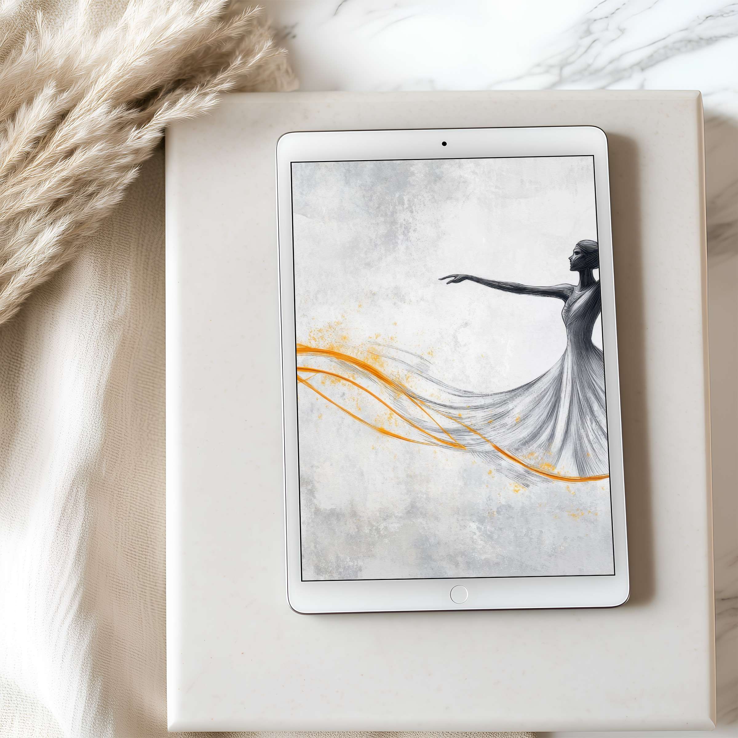Elegant tablet wallpaper featuring a graceful dancer in flowing grayscale with orange accents, perfect for high-resolution iPad download