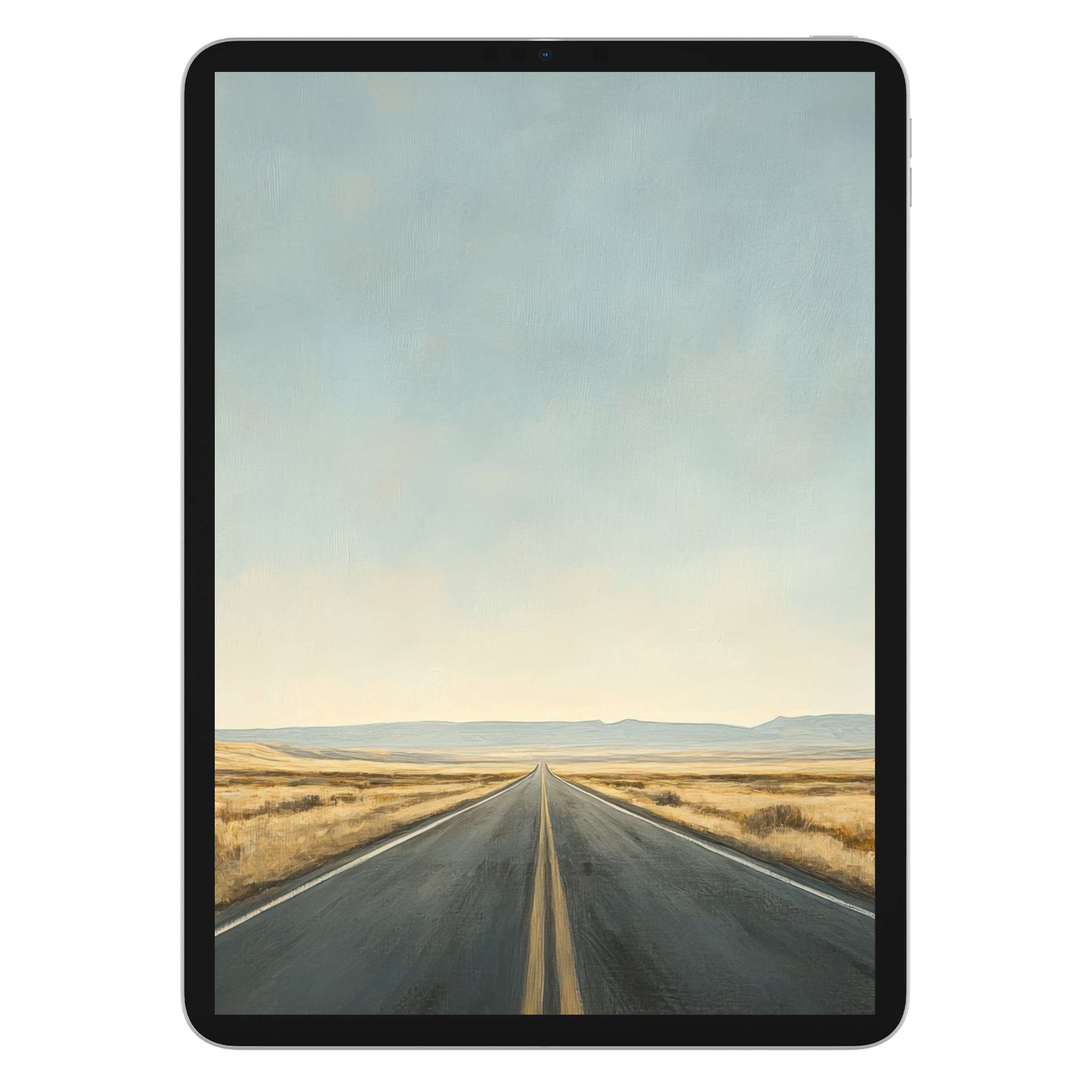 Wide open road under soft pastel sky in minimalist iPad wallpaper digital download for elegant tablet background design