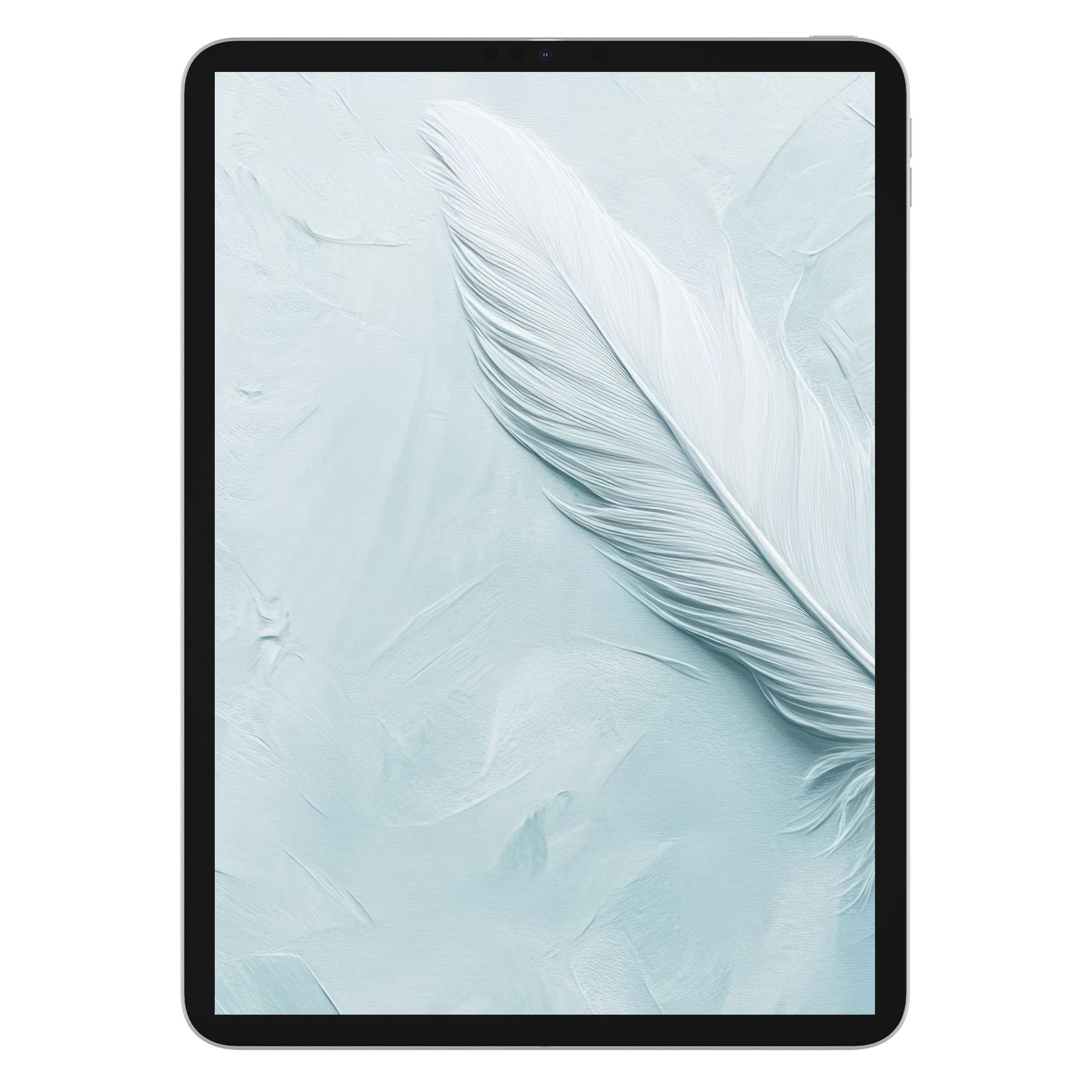 Minimalist iPad wallpaper featuring a soft blue texture and white feather for a serene tablet background digital download option