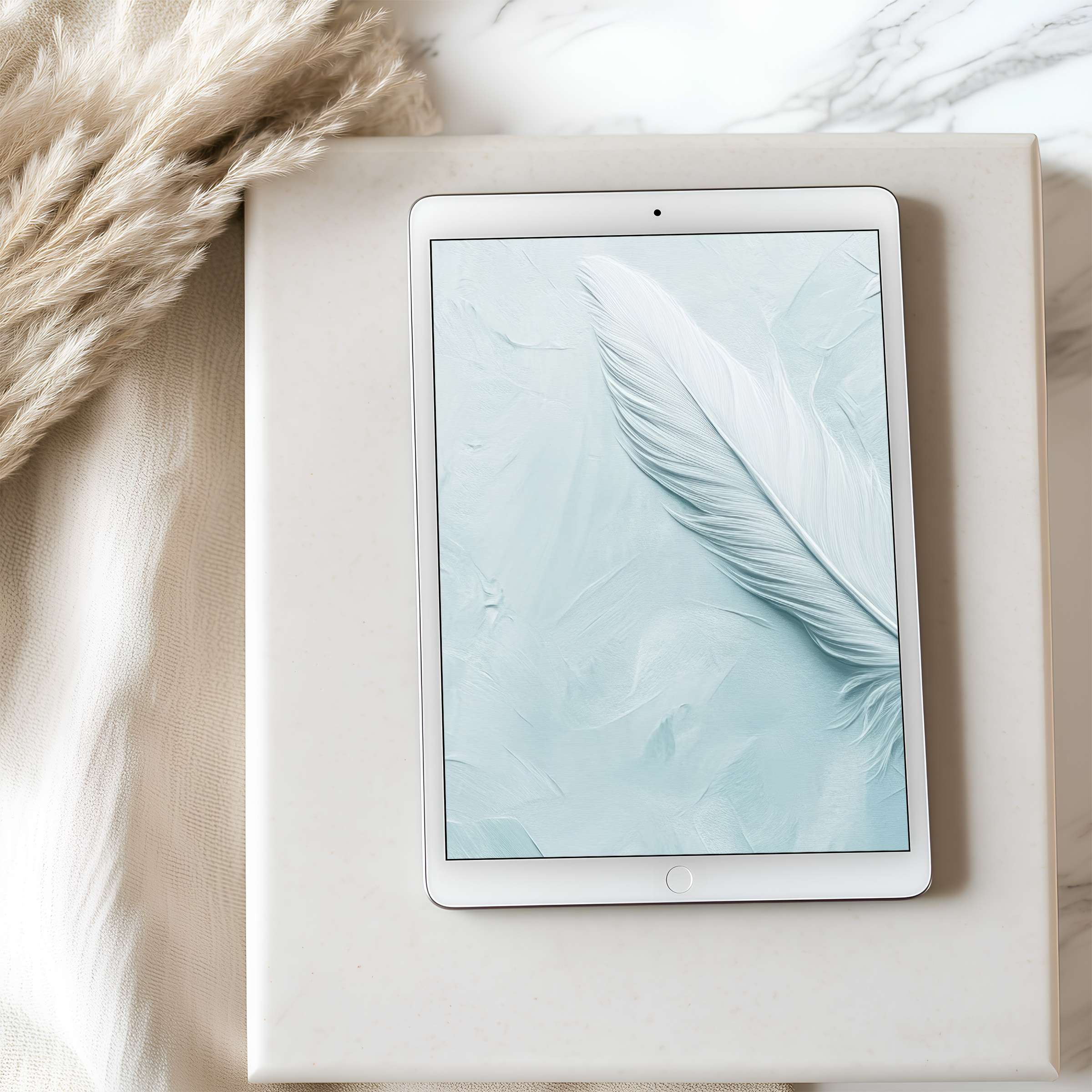 Elegant tablet wallpaper featuring a high-resolution feather design in soft pastel hues, perfect for digital download on iPad or Android