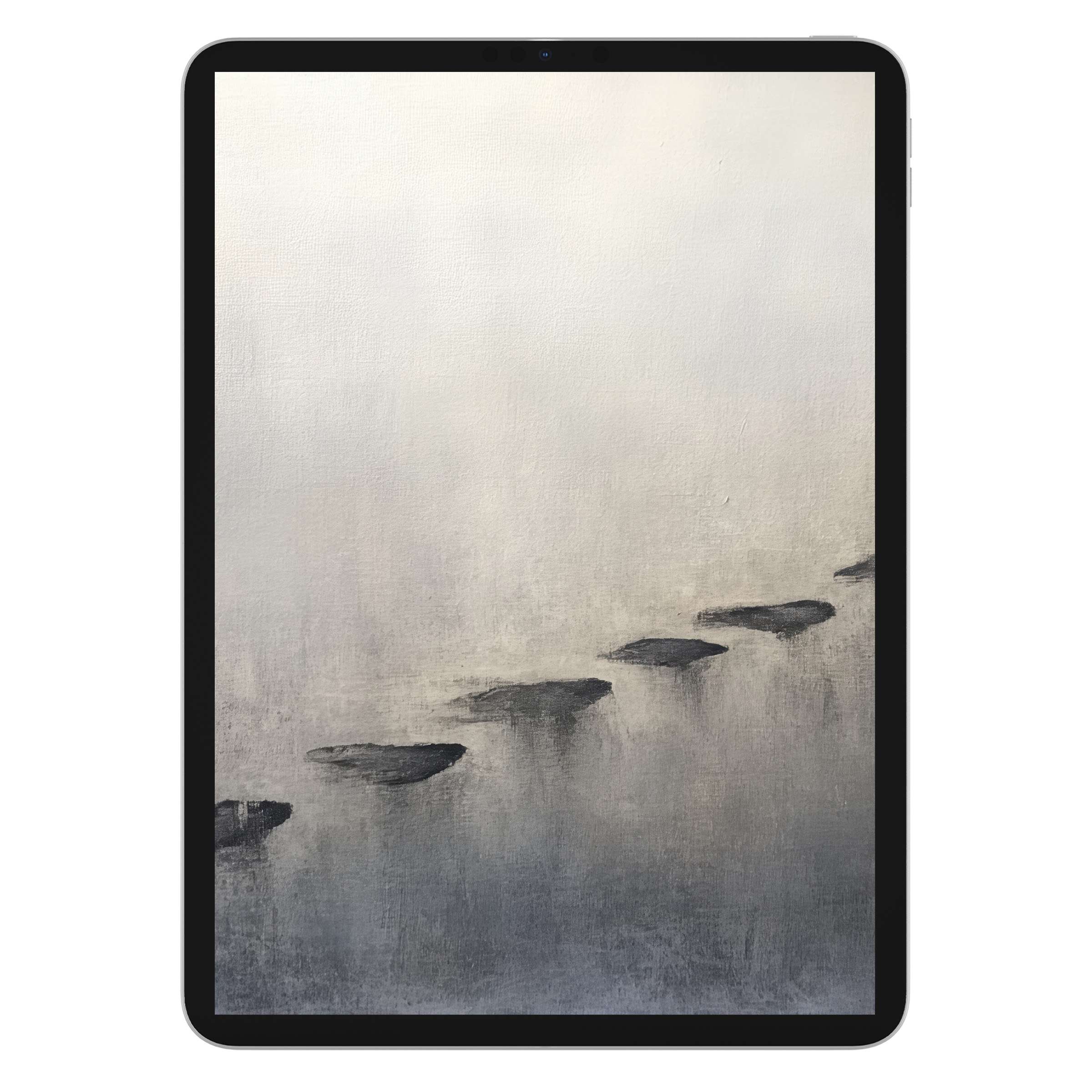 Elegant minimalist iPad wallpaper featuring serene stone path on misty water background perfect digital download for tablets and relaxation